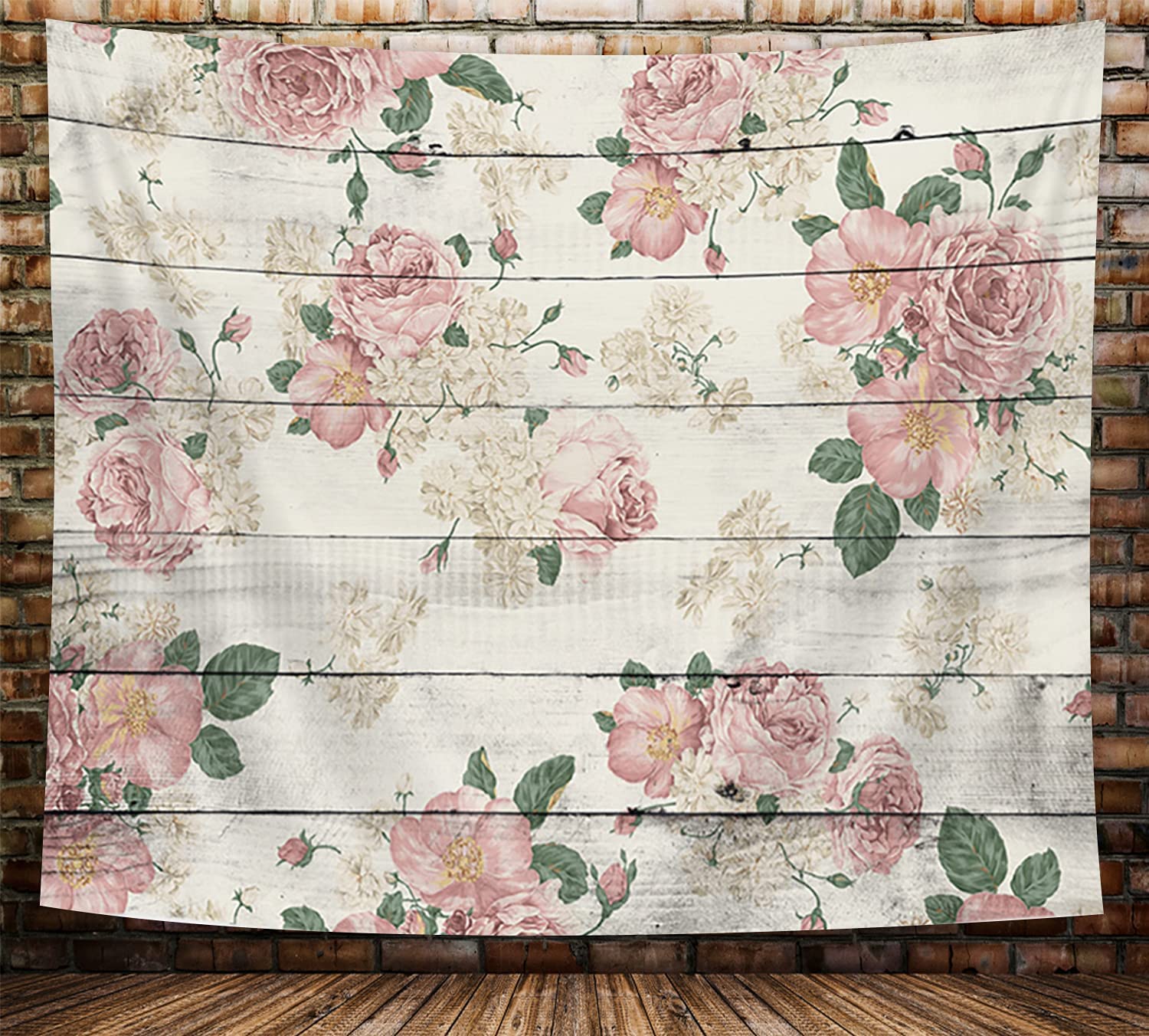 NYMB Rustic Pink Rose Tapestry, Country Floral Rose Flower on Retro Wooden Wall Hanging for Bedroom Aesthetic Vintage, Colorful Modern Farmhouse Plant