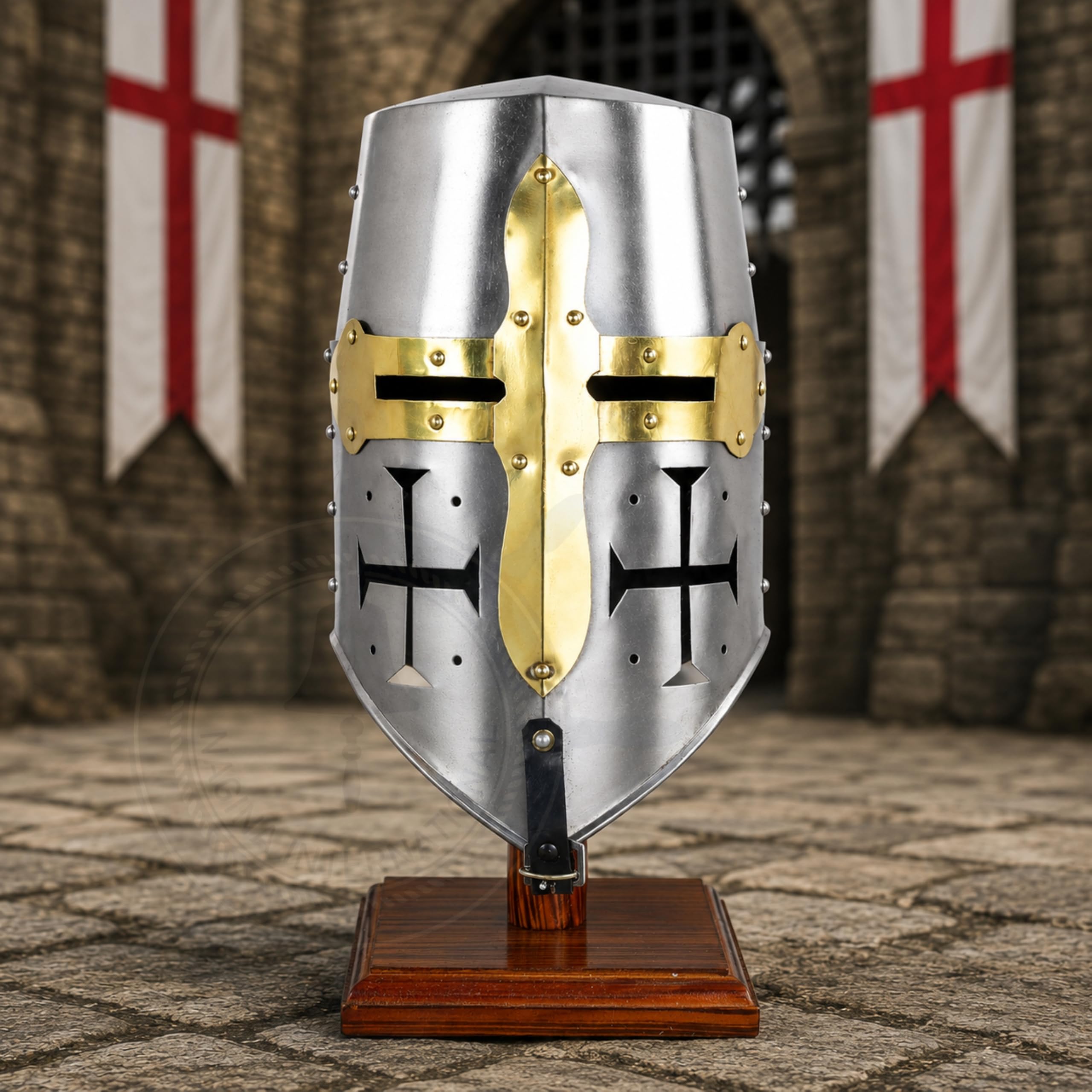 Medieval Era Brass Crusaders Templar Premium Steel & Brass Helmet | Props & Head Wear Larpers Helmet Silver (Double Cross)-image-8