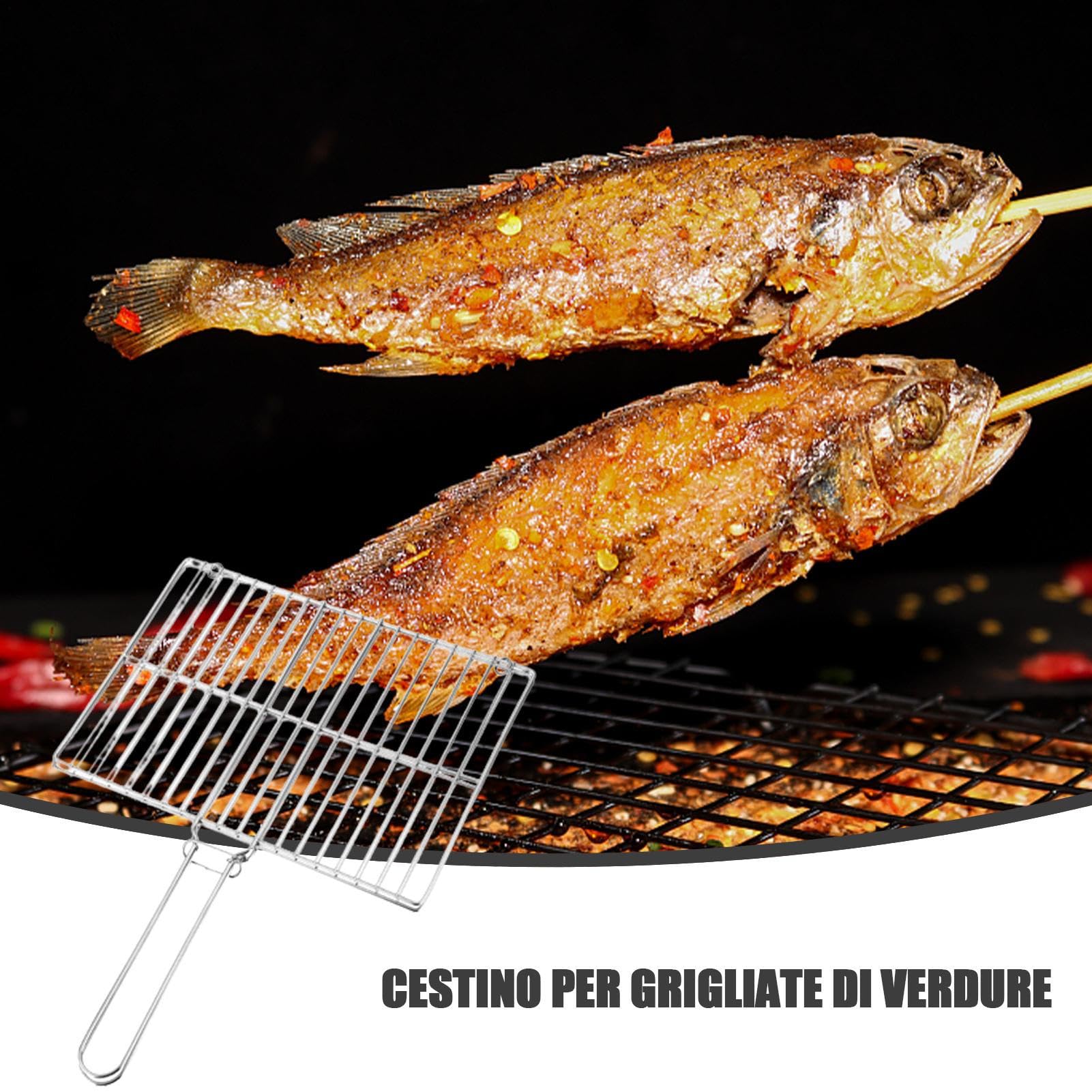 Cesto Grill - Cesto Grill Barbecue | Cesti Grill Di Pesce | Rack Di Griglia In Acciaio | Gabbia Di Grilling Portatile Leggero Rettangolare Con Manico Lungo Per