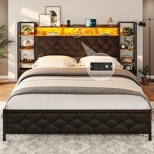 Hasuit Queen Size Bed Frame, Farmhouse Queen Platform Bed with LED Lights and Charging Station, Artificial Leather Headboard with Bookcase Shelves, No Box Spring Needed, Noise Free