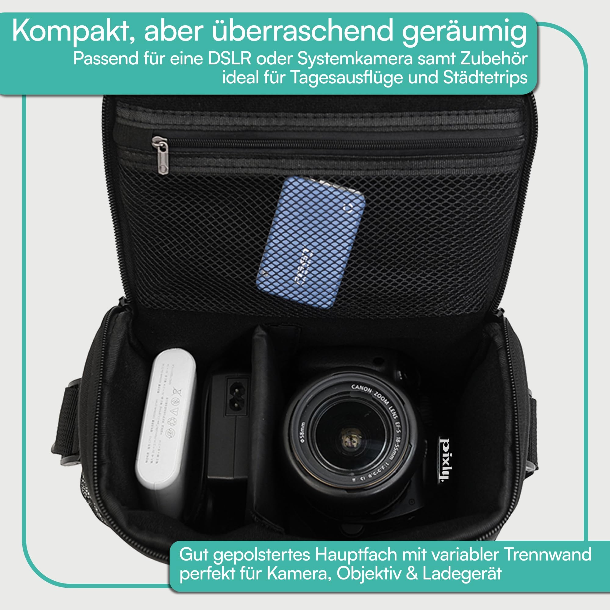 pixly® Torba na aparat fotograficzny na lustrzanki i aparaty systemowe, wyściełana torba na aparat z ochroną przeciwdeszczową, mała torba na aparat fotograficzny, elastyczna, kompaktowa torba na