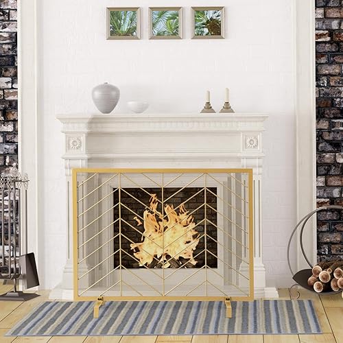 Miniatura 9 de COSTWAY Pantalla de chimenea de un solo panel, 38.5 x 31 pulgadas, hecha a mano, malla de hierro forjado, protector contra chispas de fuego con