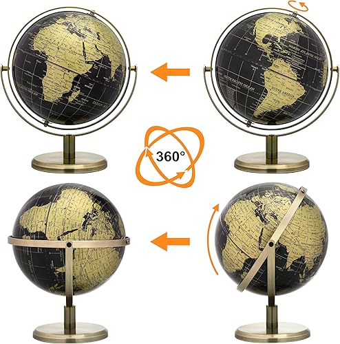 Miniatura 5 de EXERZ Globo de 7.9 in Negro y Dorado, All Direction 360 Giratorio - World Globe Educational Geographic - Arco y Base de bronce. Mapa inglés.