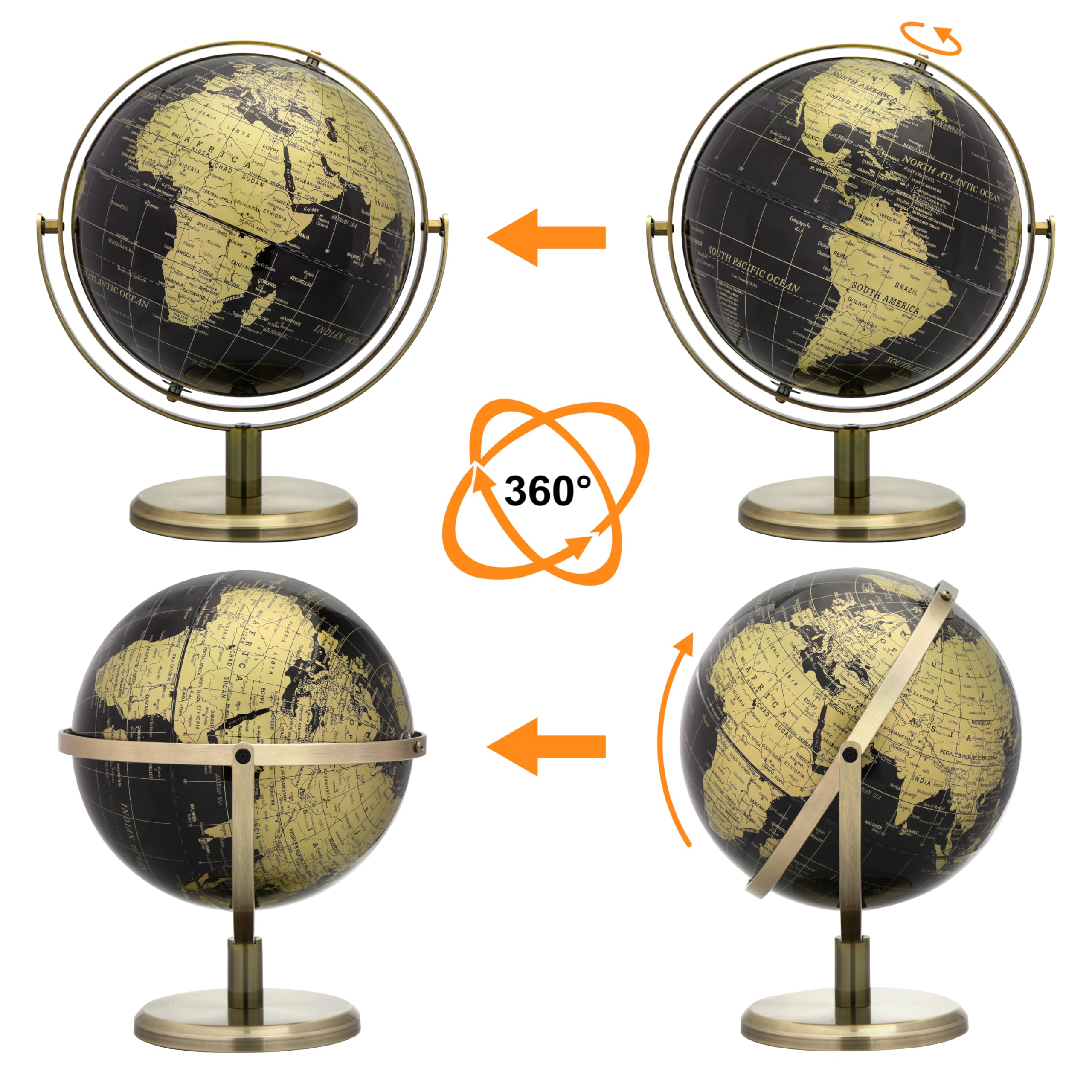 EXERZ 20 cm Globus Schwarz & Golden, 360 Grad Drehbar - Weltglobus Pädagogisch Geografisch - Bronzener Bogen und Sockel. Englische Karte.