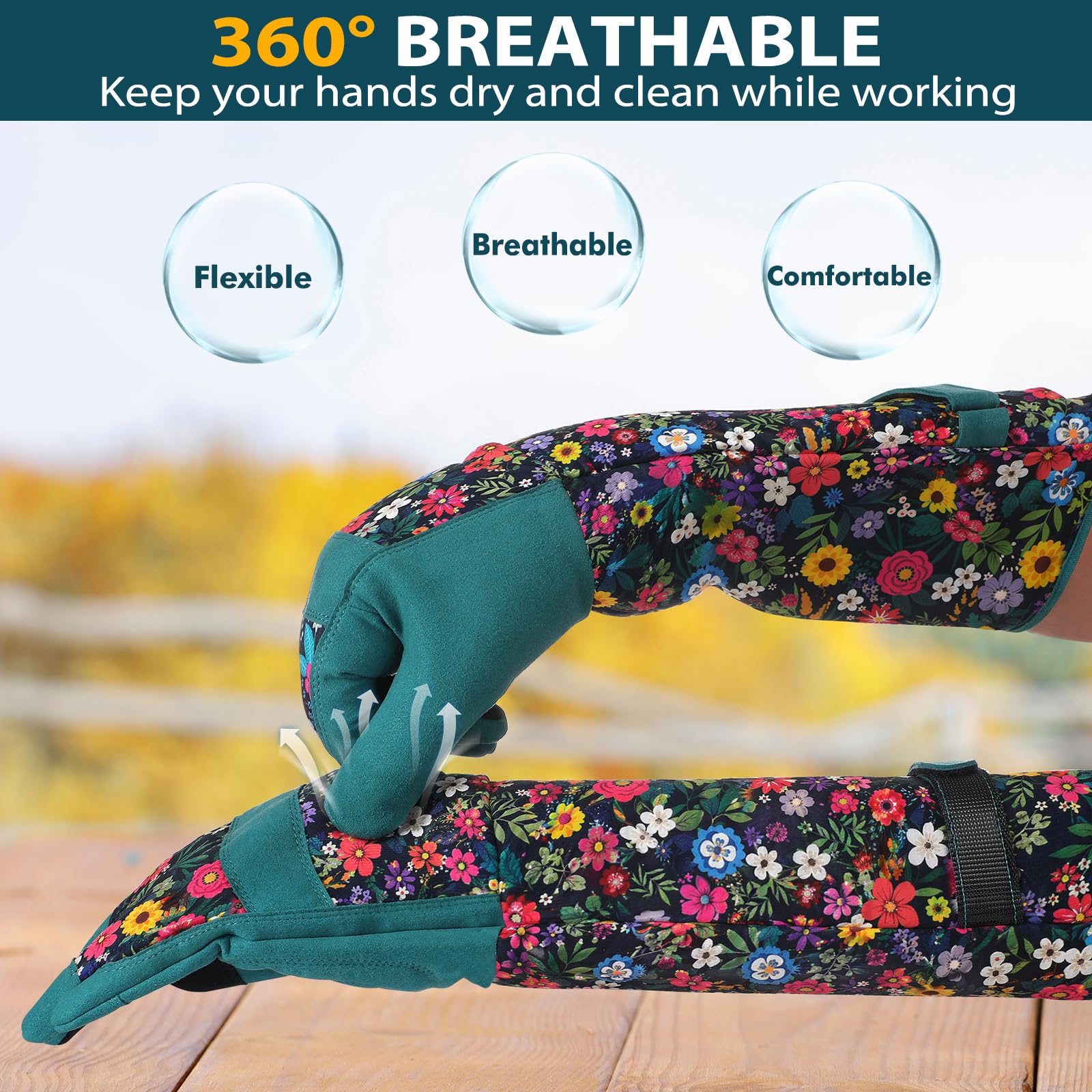 Gants de jardinage pour femme – Gants de jardin longs respirants avec poignée, gants de travail en cuir résistant aux perforations pour la cour et le travail en plein air, gants de protection pour