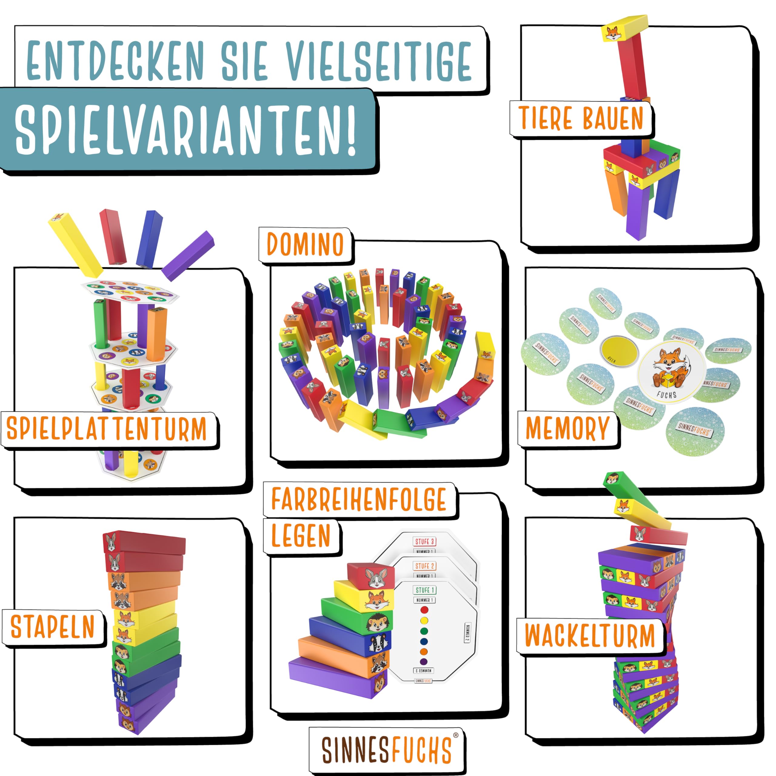 Wackelturm Holz - FSC® 100% Holzspielzeug ab 3 Jahre - kreatives 7 in 1 Lernspielzeug - Stapelspiel Holz Spielzeug - Geschicklichkeitsspiele ab 4 Jahre - Kinder Junge & Mädchen Turm Spiel