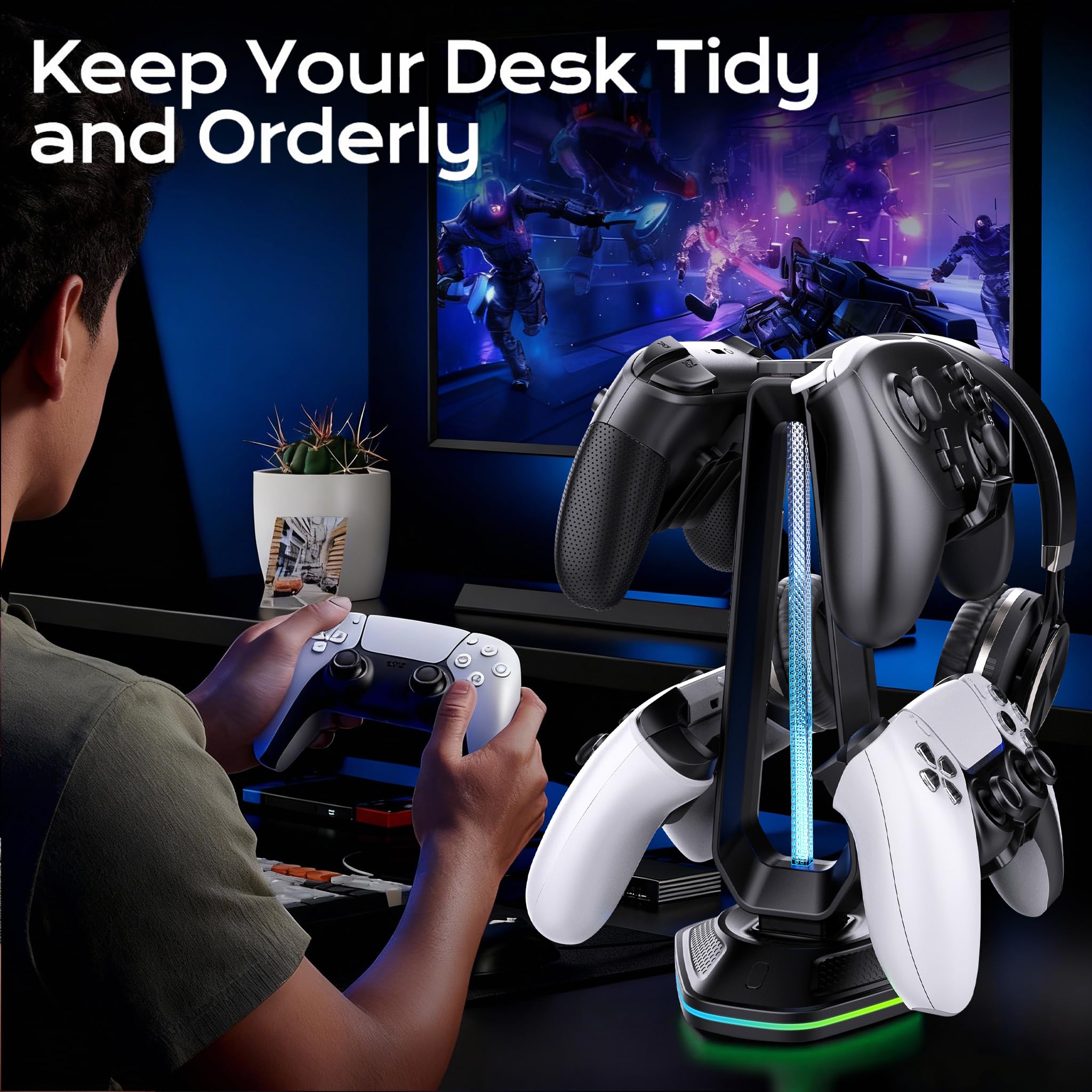Soporte RGB para auriculares con 9 modos de luz y 2 puertos de carga USB, soporte de controlador para escritorio, soporte para auriculares y gancho de controlador desmontable para accesorios