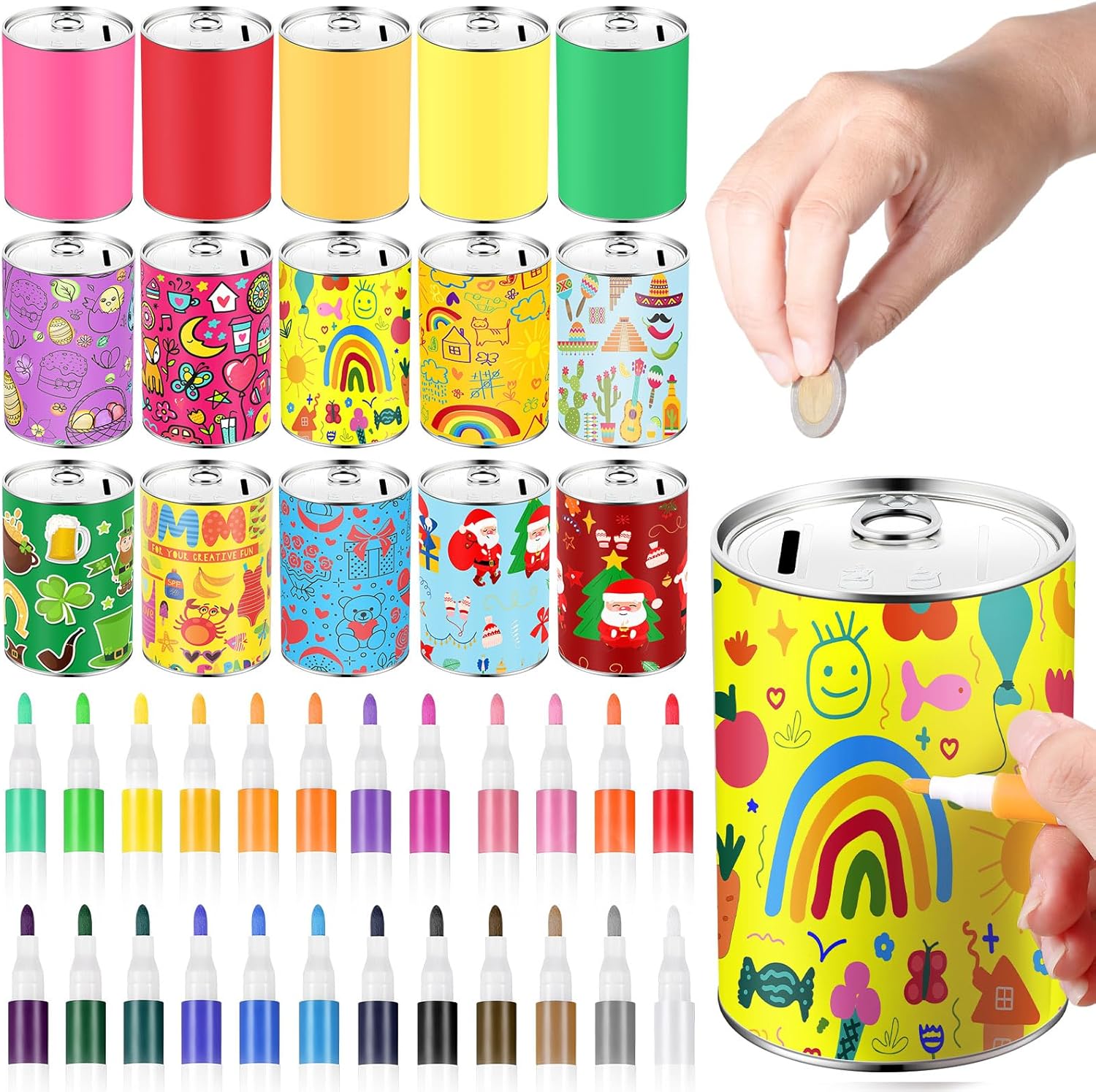Tandefio 16 Pcs DIY Coin Piggy Bank Metal Money Piggy Bank Saving Box Operation with 24 Acrylic Paint Markers Craft for Creative Gift Boys Girls Birthday Party Supplies (Multicolor)