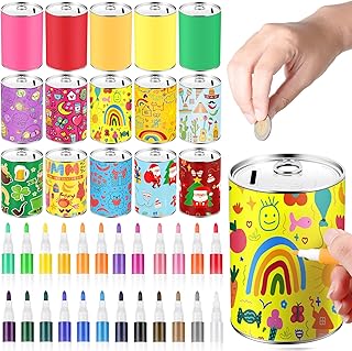 Tandefio 16 Pcs DIY Coin Piggy Bank Metal Money Piggy Bank Saving Box Operation with 24 Acrylic Paint Markers Craft for Creative Gift Boys Girls Birthday Party Supplies (Multicolor)