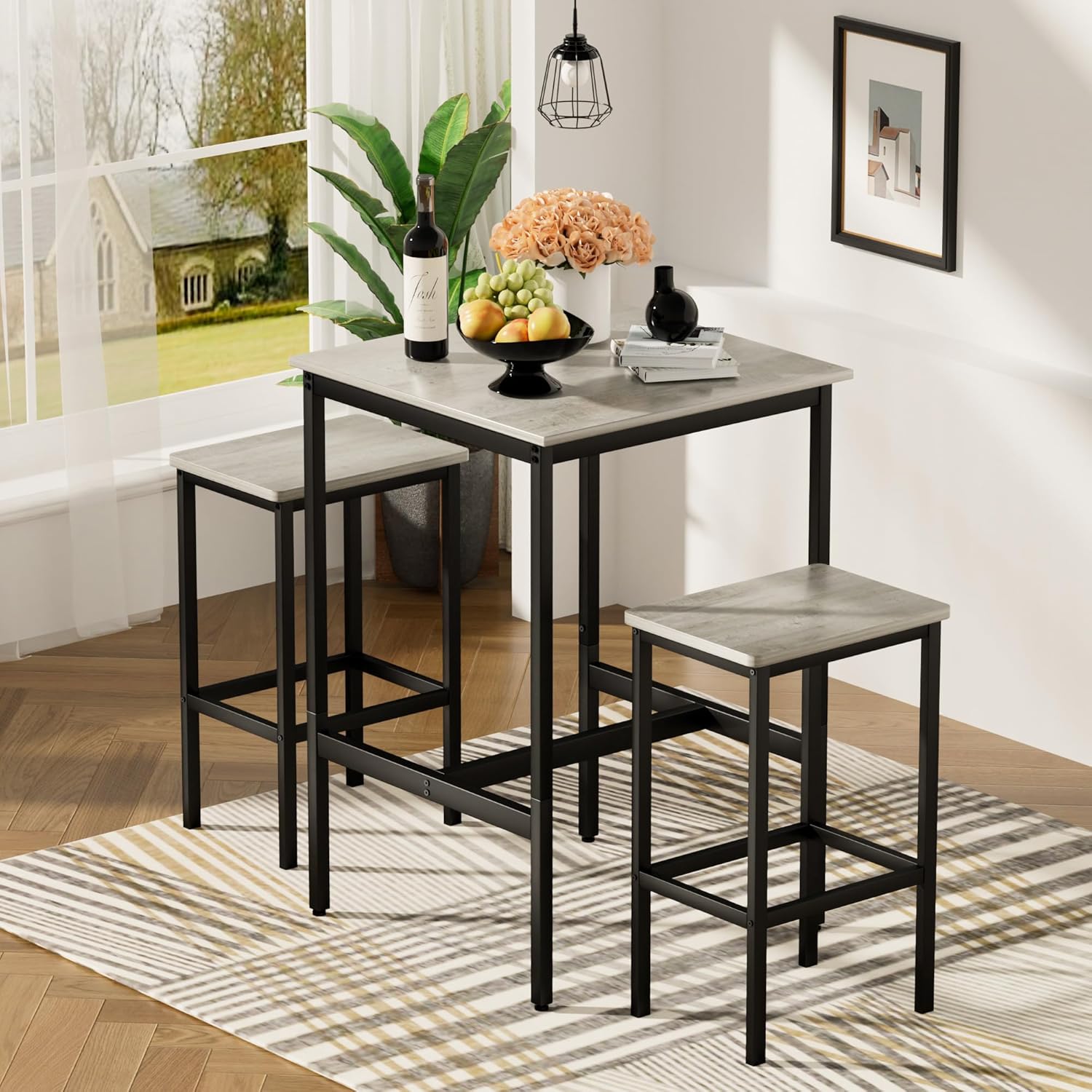 Elevon Dining Table Set for 2, Square Bar Table with 2 Bar Stools, Industrial for Kitchen High Table and Chairs Set with Metal Frame for Small Space, Dining Room, Apartment, Easy Assembly, Gray