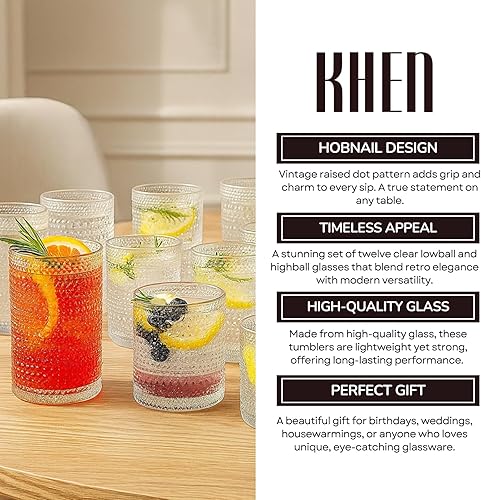 Miniatura 5 de Khen Juego de 12 vasos vintage de hobnail para beber, vasos altos de 13 onzas y vasos de 10 onzas, vasos de agua de cocina, agua de bar, jugo,