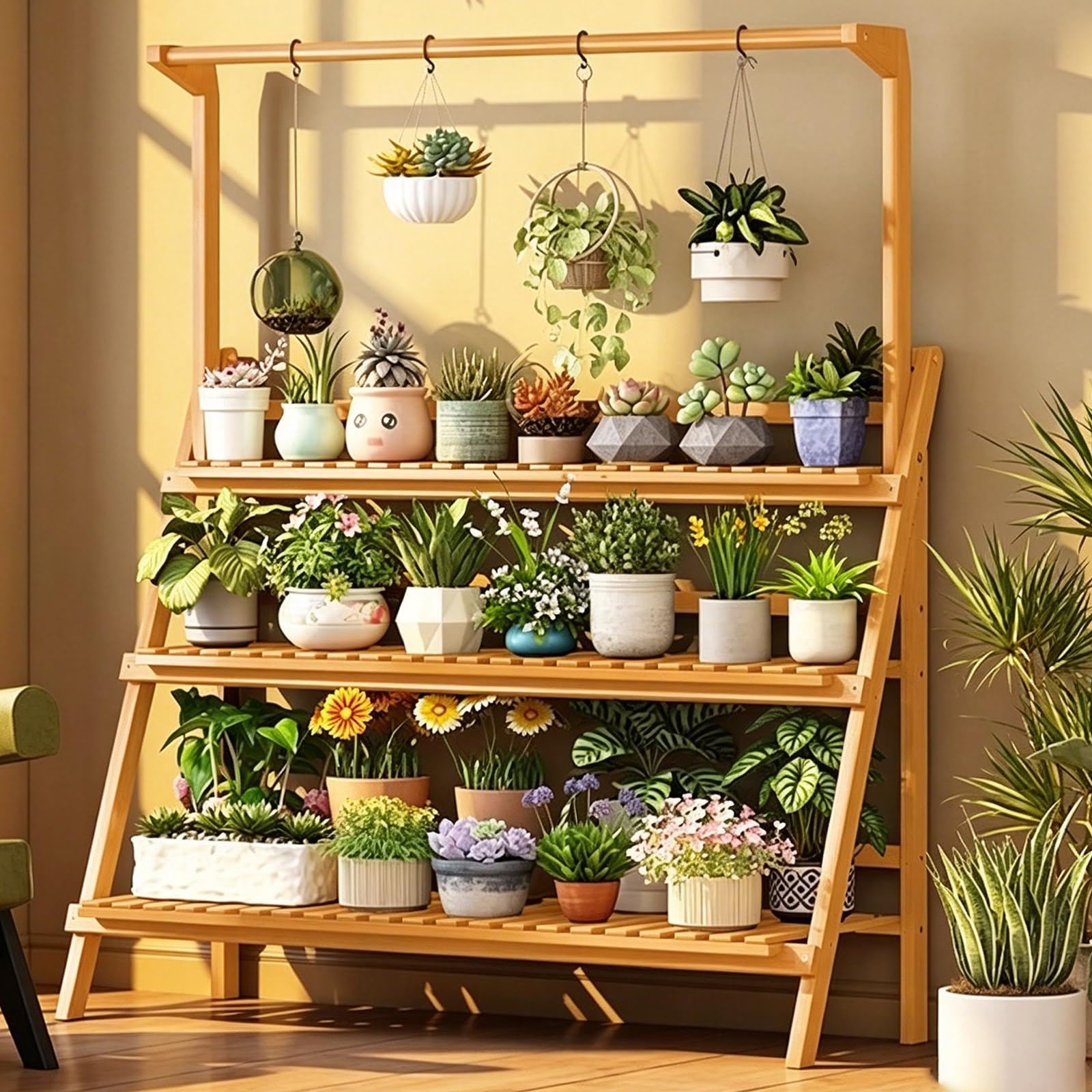 ATRBNCX Decorative 3-Layer Wood & Metal Plant Rack For Living Room Balcony