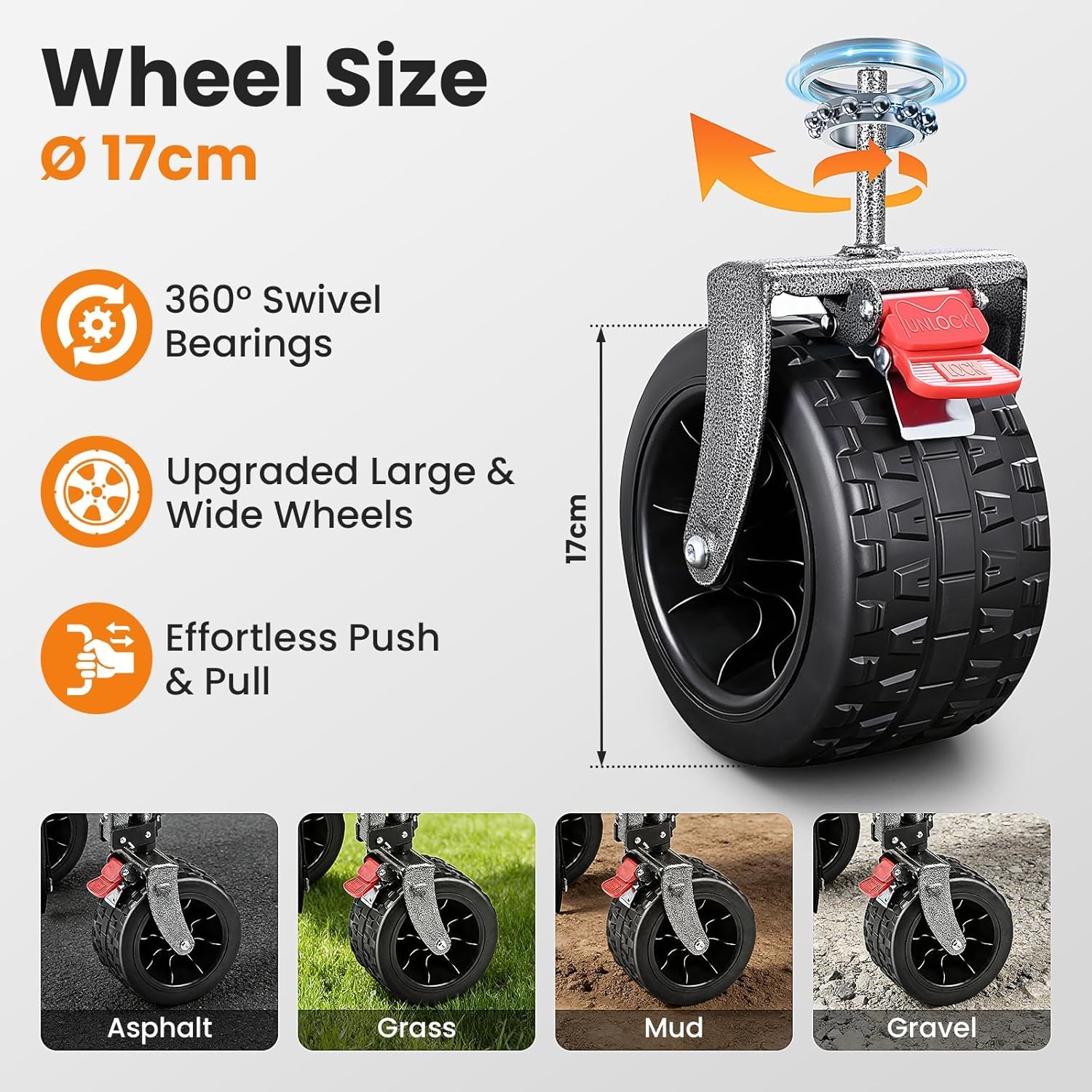 YEAUPE PRO Carrello pieghevole in 4 direzioni con apertura laterale, portata 185 l, 150 kg, pieghevole, con freno di stazionamento e manico regolabile in altezza, per spiaggia, campeggio, giardino