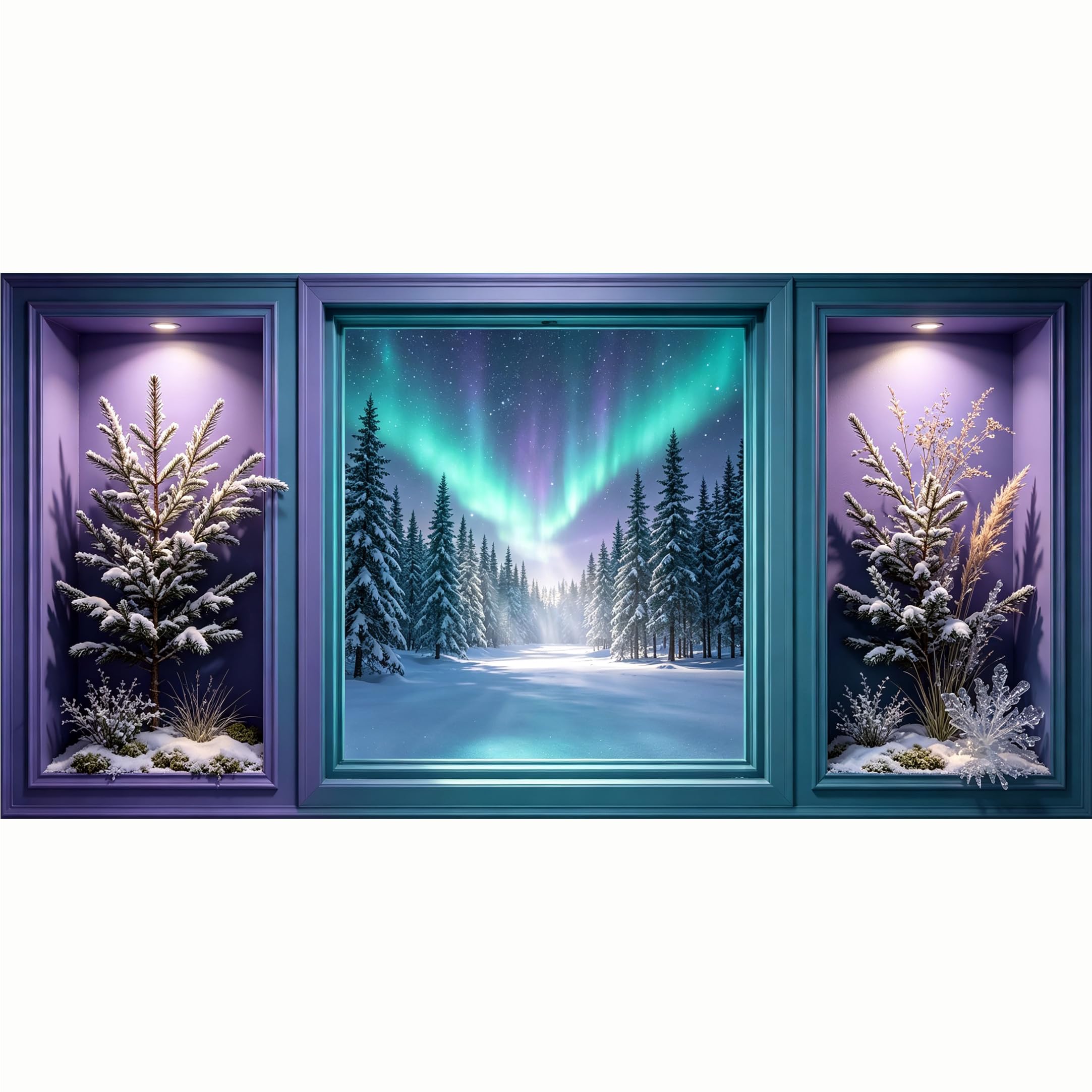 QZLITHOTIC 50x100cm 3D Framed Wall Art， Northern Lights Forest Winter Landscape SelfAdhesive Mural， WaterActivated Peel & Stick Fabric Decor Wall Decal for Bedroom Living Room