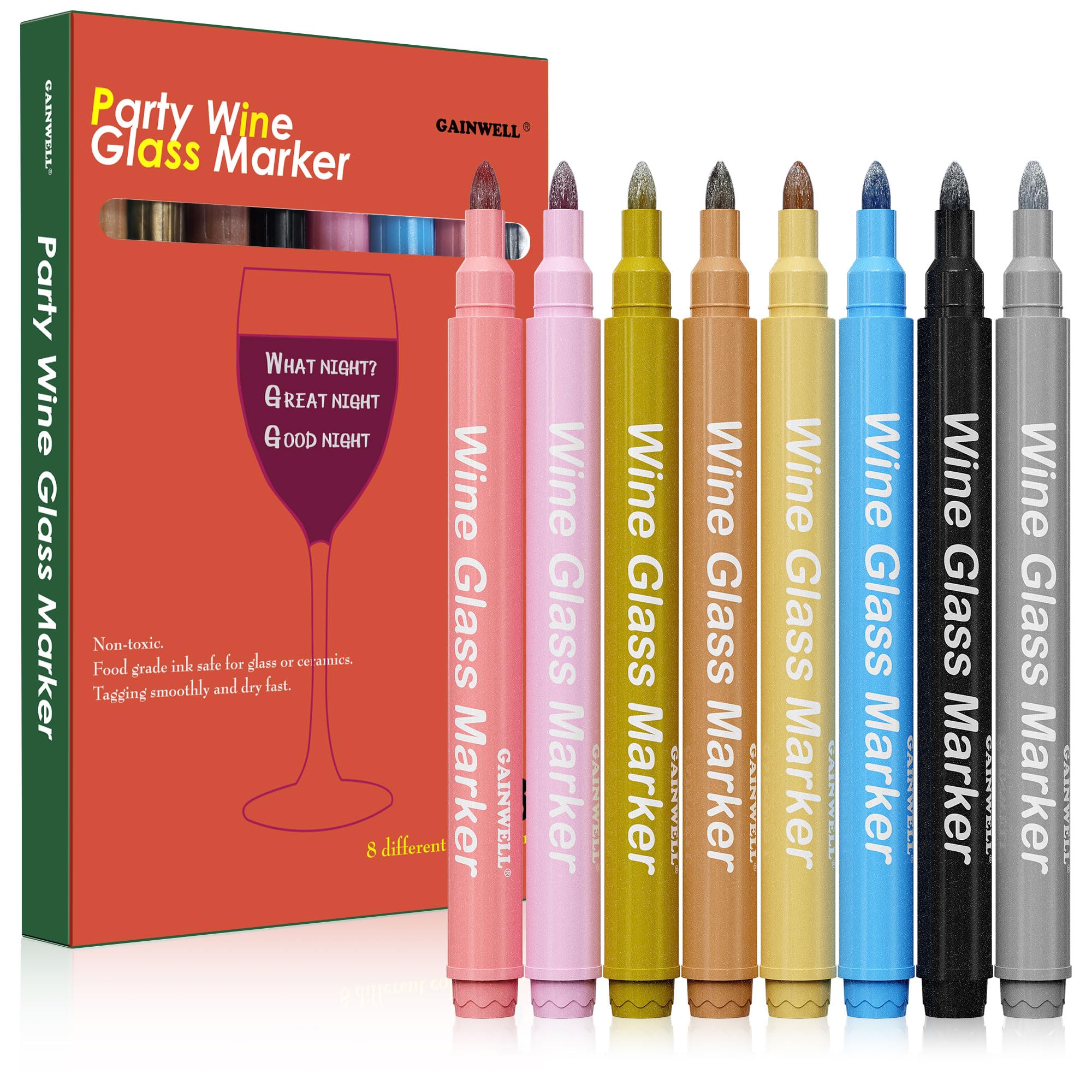 GAINWELL Glass Pens for Parties & Celebrations - Wine Glass Markers with Washable Ink | Dishwasher Safe & Non-Toxic | Ideal for Glass Labelling, Windows, Porcelain, Plastic, Birthday Events, small