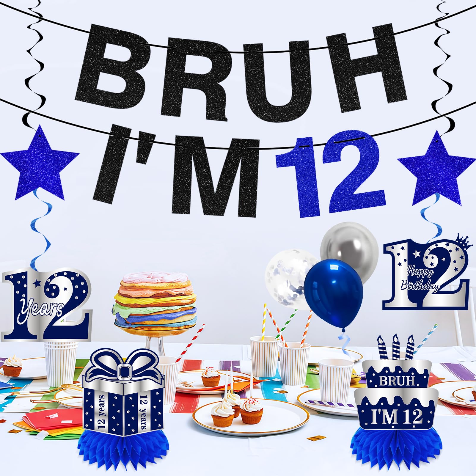Kuxriox 11 szt. dekoracje na 12. urodziny dla chłopców mężczyzn, niebieski srebrny baner Happy 12th Birthday, Bruh I'm 12 balonów, artykuły imprezowe, baner na dwanaście urodzin, tabliczka na stół