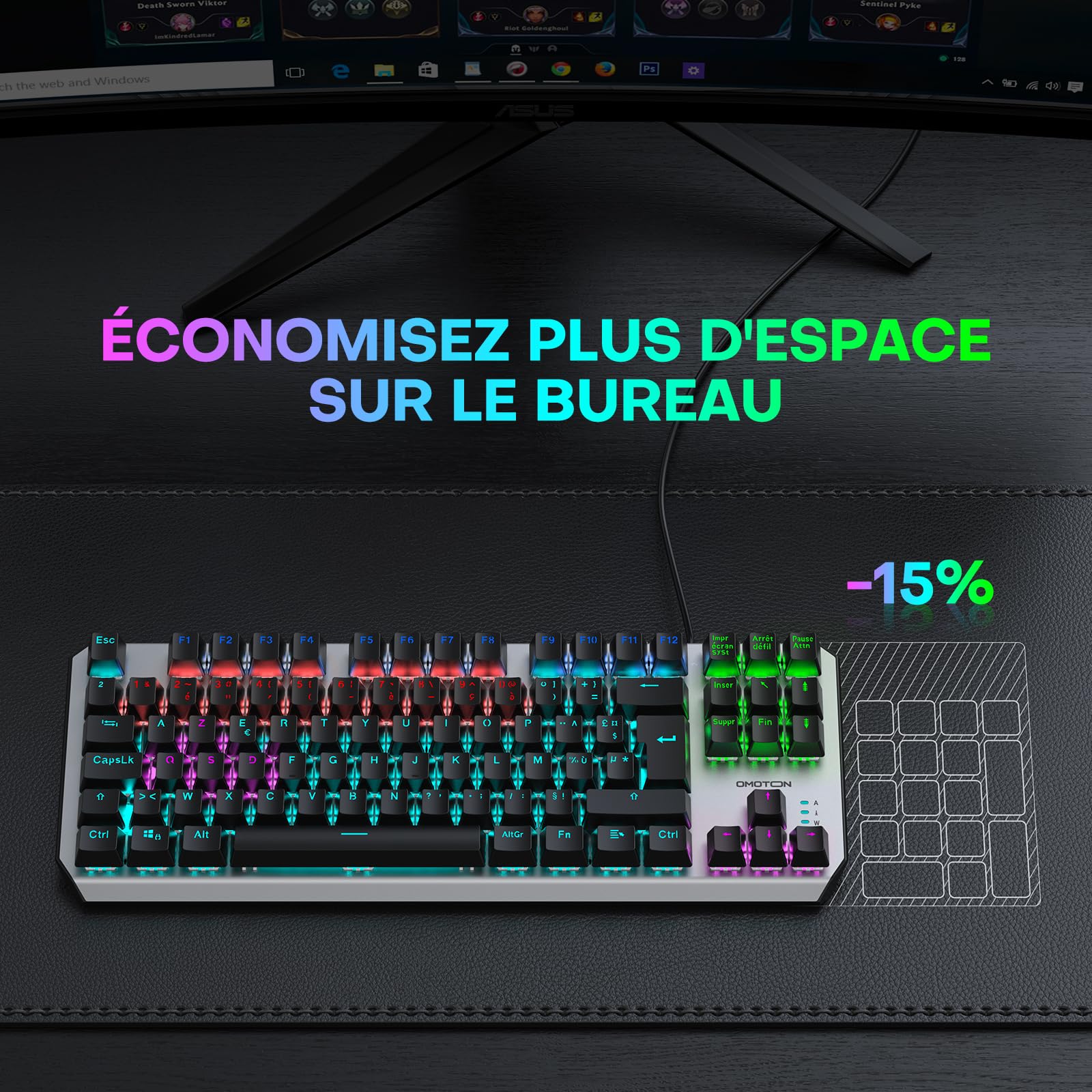 OMOTON Clavier Gamer Mécanique Filaire USB, 80% TKL Clavier Gaming Mecanique Rétroéclairé avec Switch Rouge, Anti-Ghosting, AZERTY Français pour PC/Windows