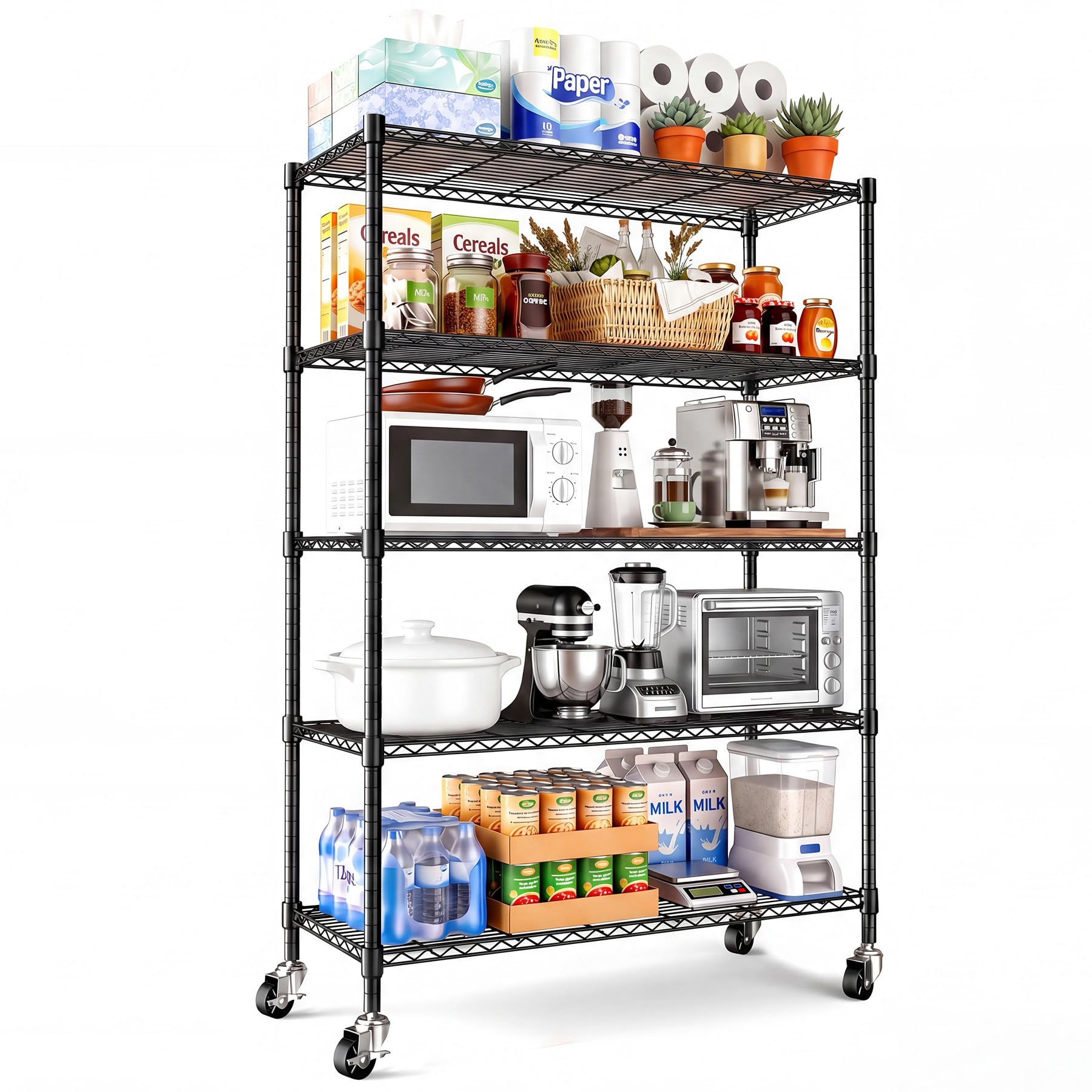 Himimi Scaffale Metallico con Ruote 5 Ripiani, Altezza Regolabile, Scaffalatura Robusta per Carichi Pesanti, Scaffale a Griglia per Cucina, Cantina, Ufficio & Bagno,116×45×187 cm Nero