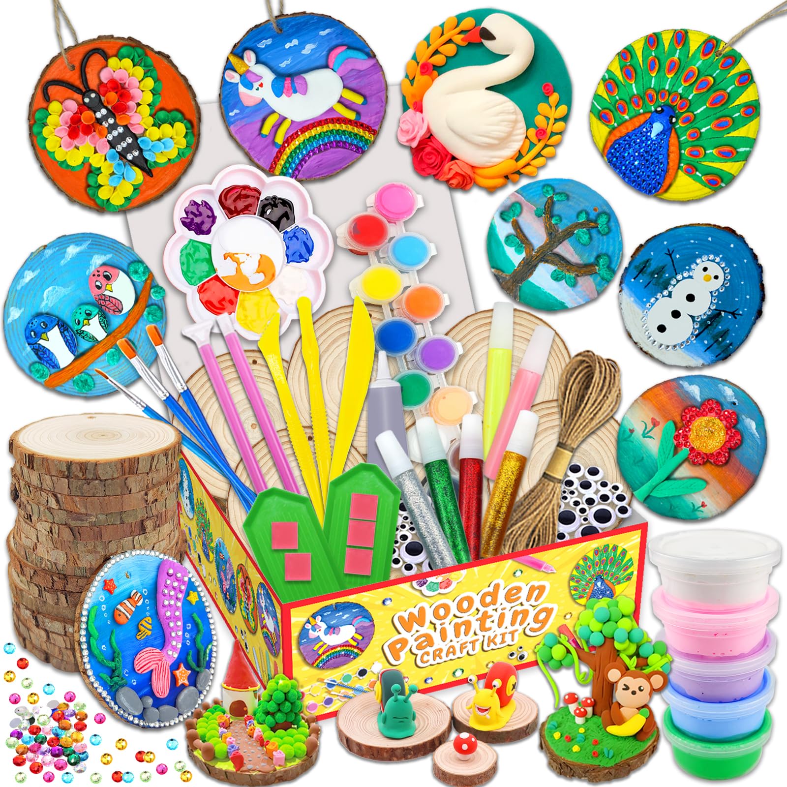 Wakestar Unfinishied Wood Slices for Arts and Crafts-Glow in The Dark Wooden Painting Kit for Kids Girls Age 5-12 Years Old-Air Dry Clay Crafts Toys for Birthday Christmas Gifts