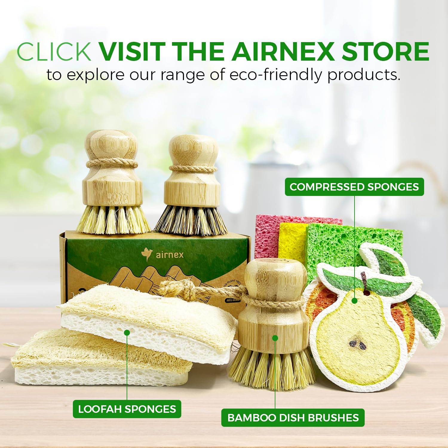 AIRNEX Set di 3 spazzole per piatti in bambù, 100% senza plastica, con sisal medio rigido e forte miscela di setole di cocco, antigraffio, inodore per legno, per pentole, padelle e verdure