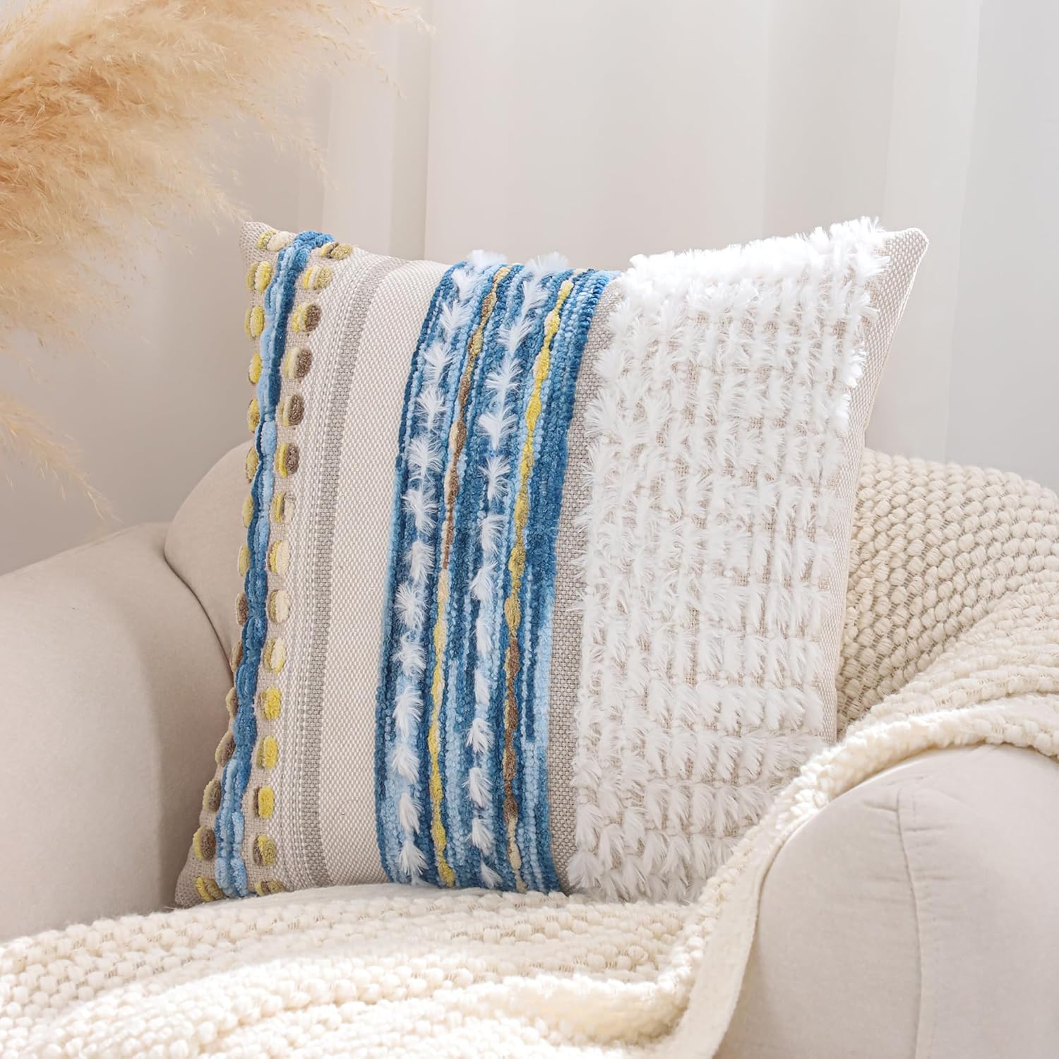 Tosleo Boho Chenille Tufted Couch Throw Pillow Covers 18x18 Inch Set of 2 Farmhouse Sky Blue Striped Decorative Pillow Covers Accent Neutral Square Pillowcase Textured Cushion Covers - Image 4