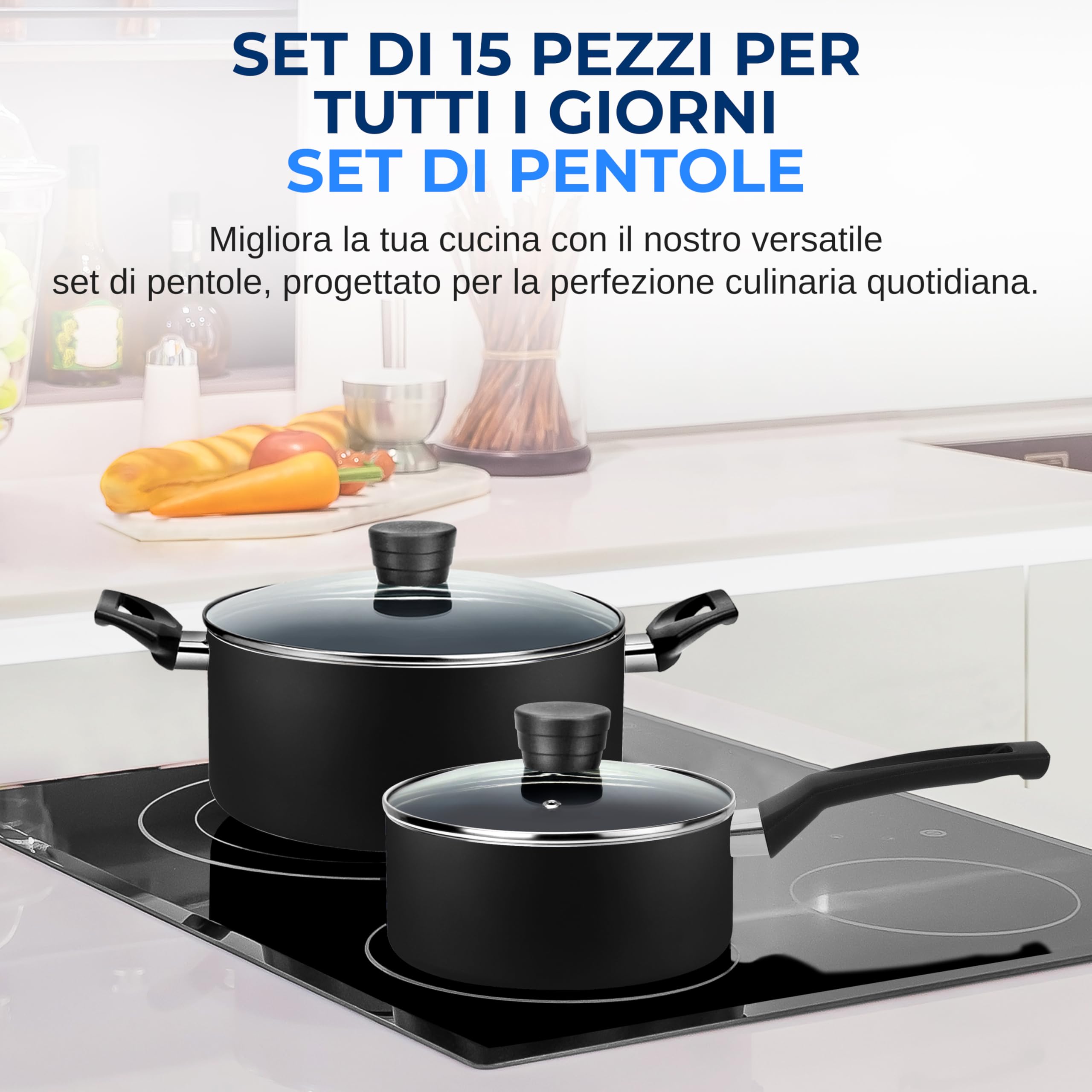 SereneLife Pentole e Padelle Set Cucina 15 Pezzi, Rivestimento Antiaderente Senza PFOA/PFOS, Smalto Resistente al Calore, Manici in Bachelite, Nero