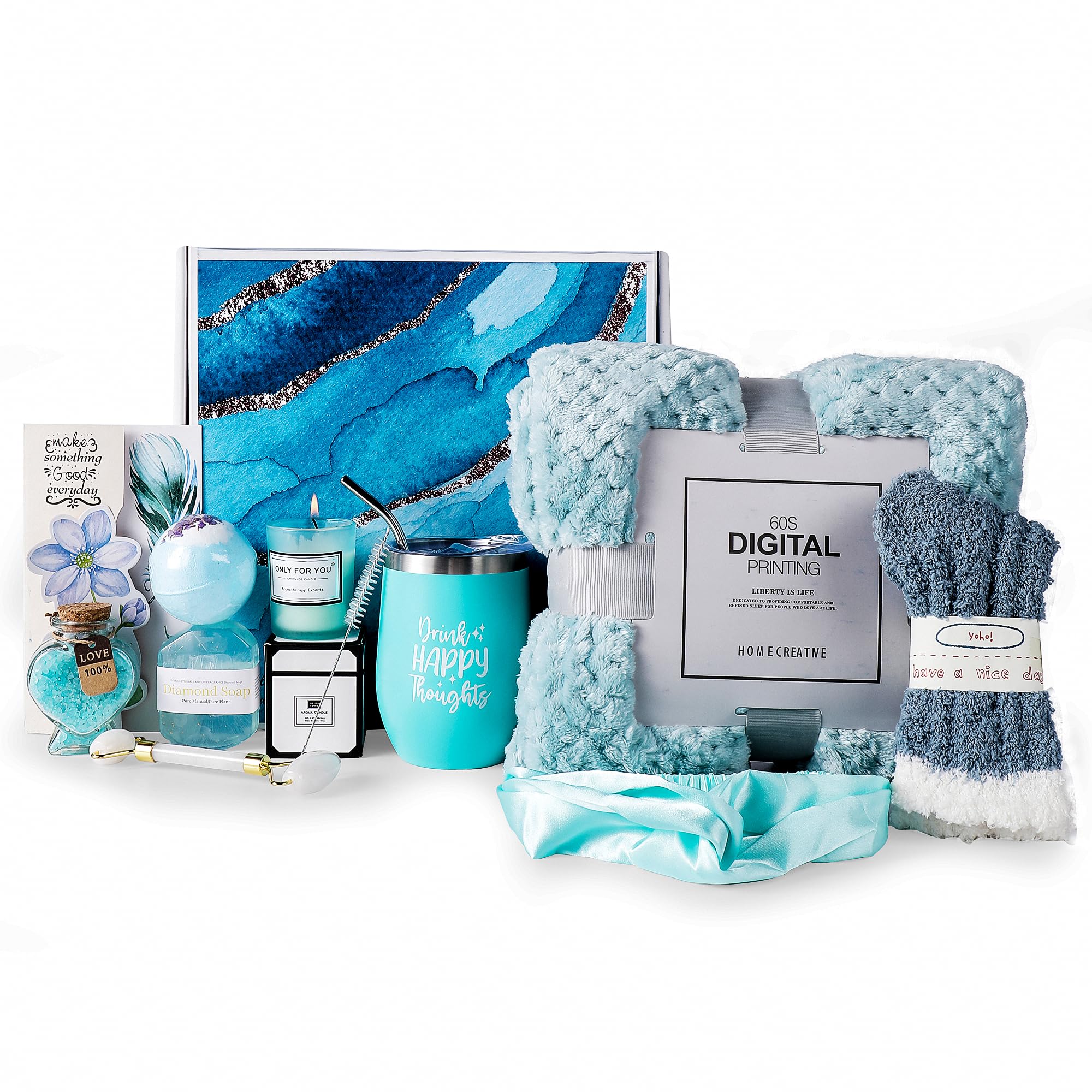 Birthday Gifts For Women, Self Care Gifts For Women - Jade Roller, 10 in 1 Spa Basket Care Package, Get Well Soon Gifts w/ Plush Blanket, Relaxing Spa