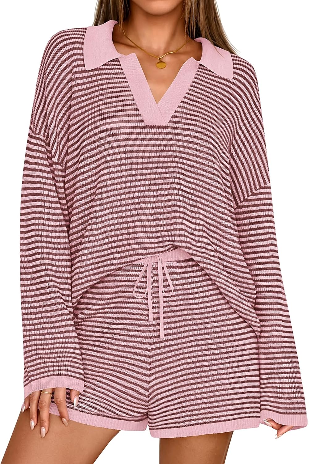 MEROKEETY Lounge Sets for Women 2 Piece Outfits Casual Long Sleeve Striped Sweater Tops Shorts Matching Set