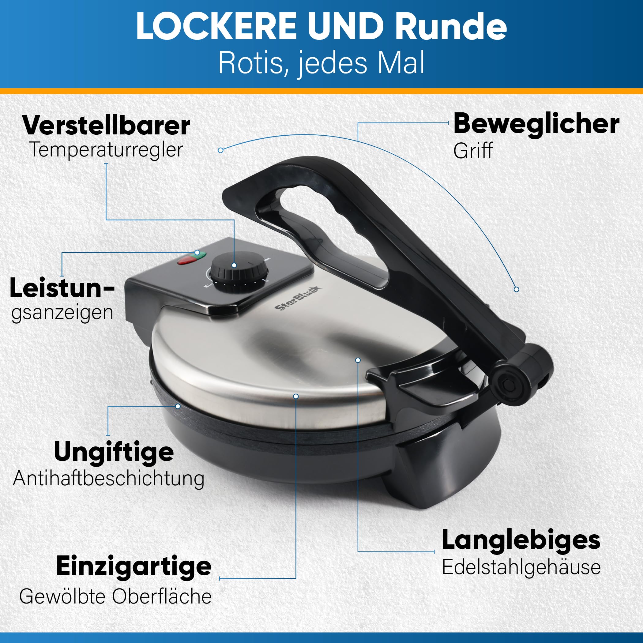 25,4 cm Roti-Maker von StarBlue mit kostenlosem Roti-Wärmer und abnehmbarem Griff – Indischen Chapati, Tortilla, Roti AC220-240V 50/60Hz 1200W, EU-Stecker