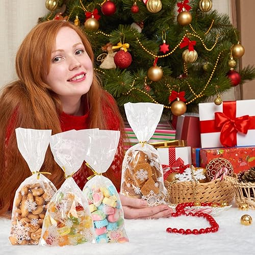 Miniatura 7 de TOEKSIX Bolsas de regalo de copo de nieve de invierno, 100 piezas con 110 giros dorados para aperitivos, galletas, dulces y recuerdos de fiesta