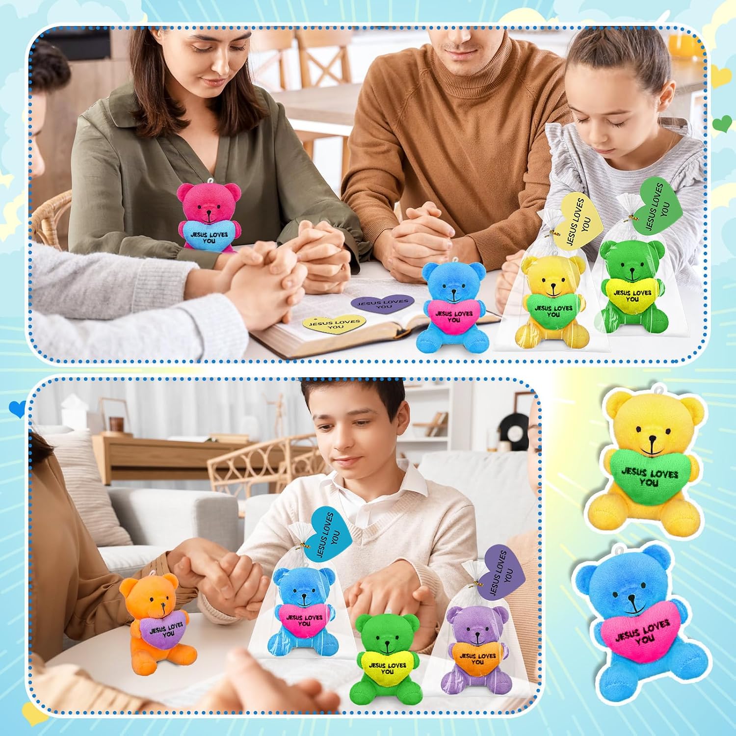 VioraWhite 18 Set / 54 Pcs Religious Jesus Love You Stuffed Bears with Heart for Kids Religious Gifts Bulk 4 Inch Mini Stuffed Bear Christian Pray Small Plush Toys for Christian Party VBS Favor