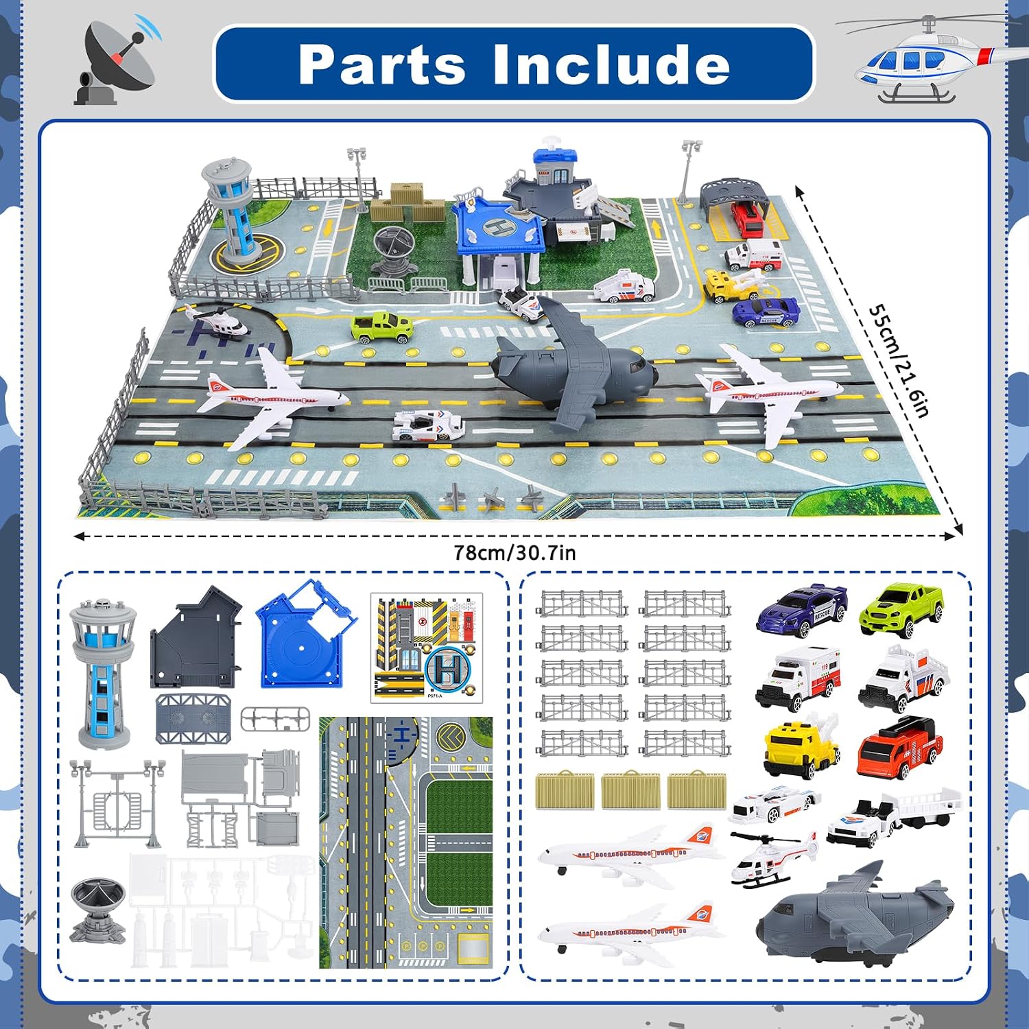 deAO Airplane Toy Set with Trucks, Helicopter, Planes and Airport Playmat, Military Toys Christmas Birthday Gift for 3+ Years Old Boys Girls Kids
