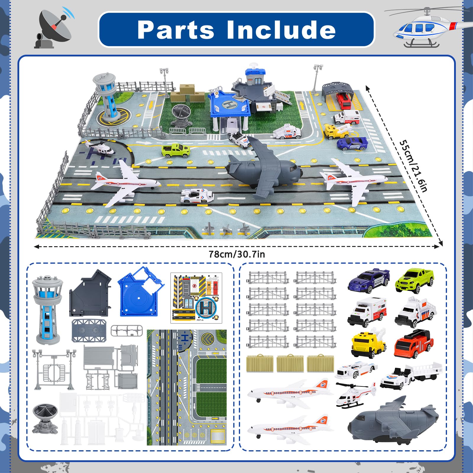 deAO Flugplatz Toy Strap Karte, Inkl. Gebäude des Flughafenterminals, Radarturm, 11 Verkehrsträger: Gepäckwagen, Polizeifahrzeuge, Verkehrsflugzeug, Straßensperre, Bodenpersonal für Kinder von 3–12