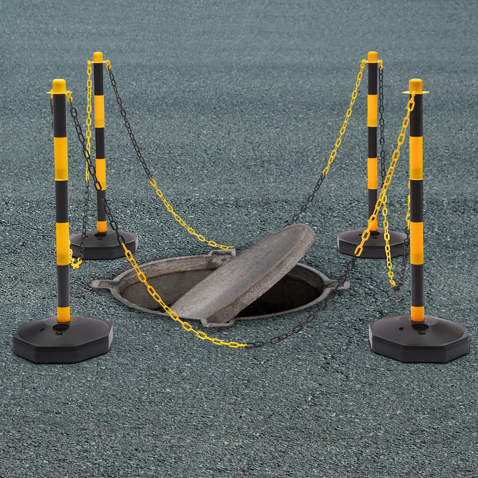 6 poteaux de barrière de parking avec 5 chaînes de barrière, hauteur réglable, peut être rempli de sable ou d'eau, pour système de guidage des personnes, barrière de stationnement, avertissement de