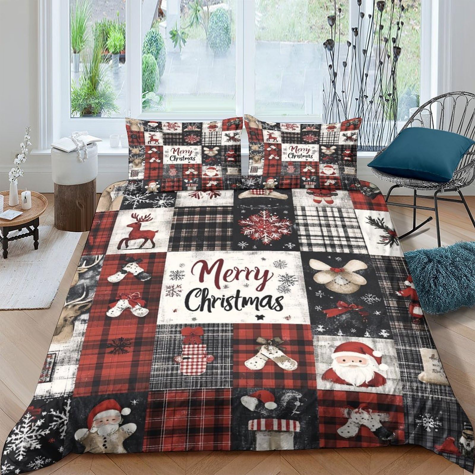 Ctjqhvkz Style-5 3D Printed Christmas Patchwork Fitted Sheet Microfiber Soft Red Black Plaid Santa Mattress Cover For Bedroom Guest Room Decor Single（135X200cm）
