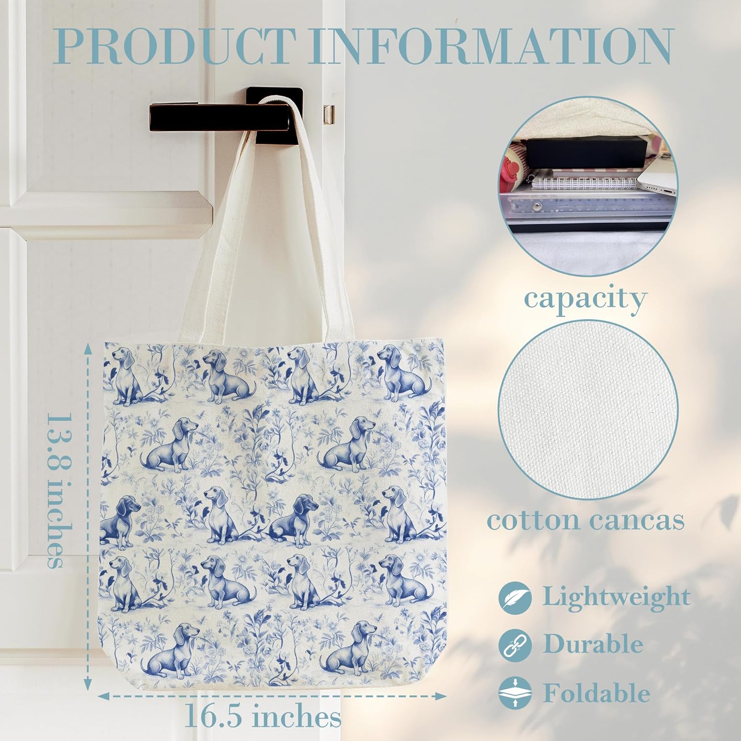 Dachshund Canvas Tote Bag, Reusable Weiner Dog Grocery Shoulder Bags For Friends Dog Lovers - Image 3