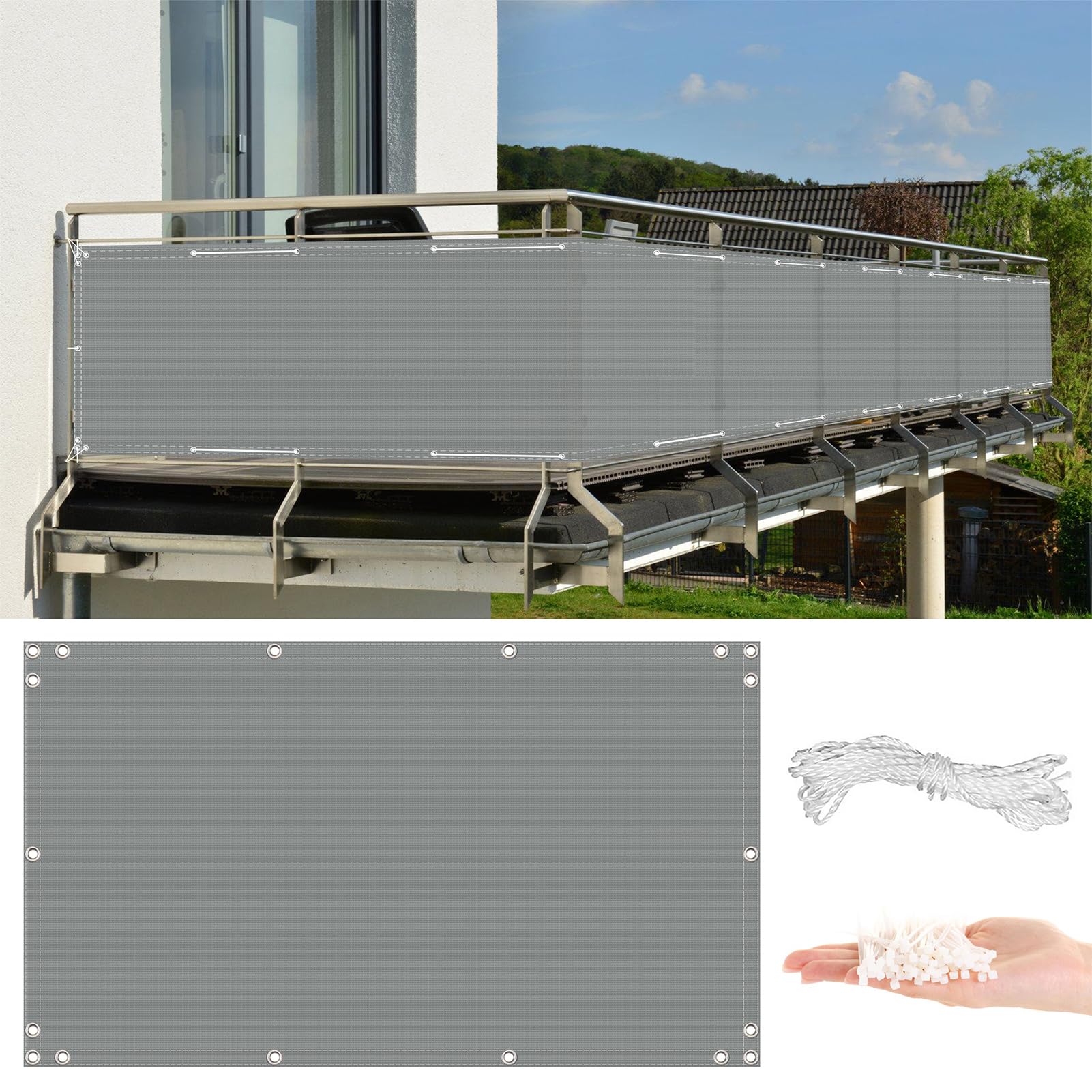 GLDYTVF Balcony 1.5m x 10m Weatherproof Outdoor with 96% UV Protection No Drilling Required Fence Privacy for Backyard Rails and Garden Light Grey Color Includes Cable Ties