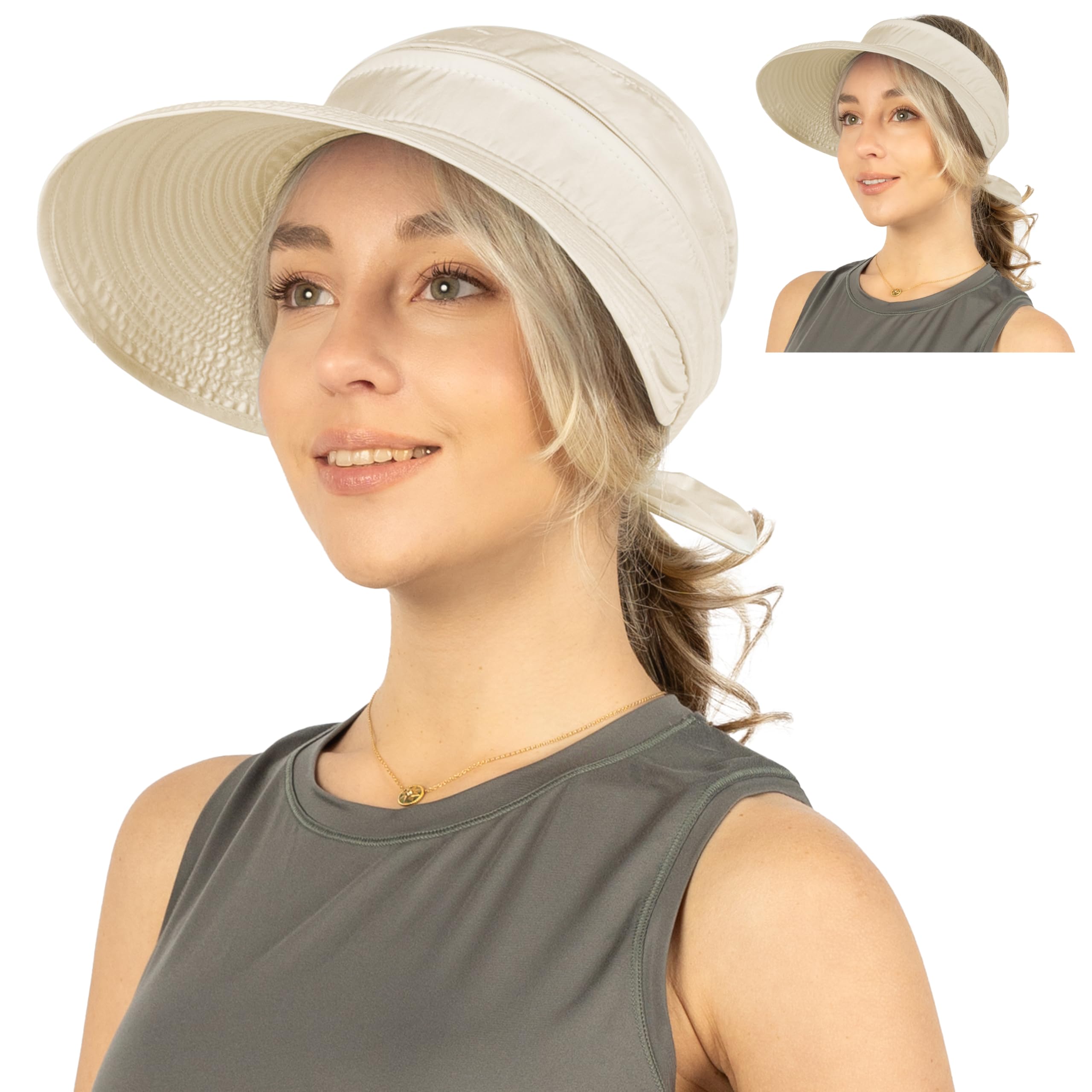 Women Sun Hat for Outdoor UV Protection, Wide Brim Sun Hat Ponytail, Convertible Zip-Off Beach Hat Visor