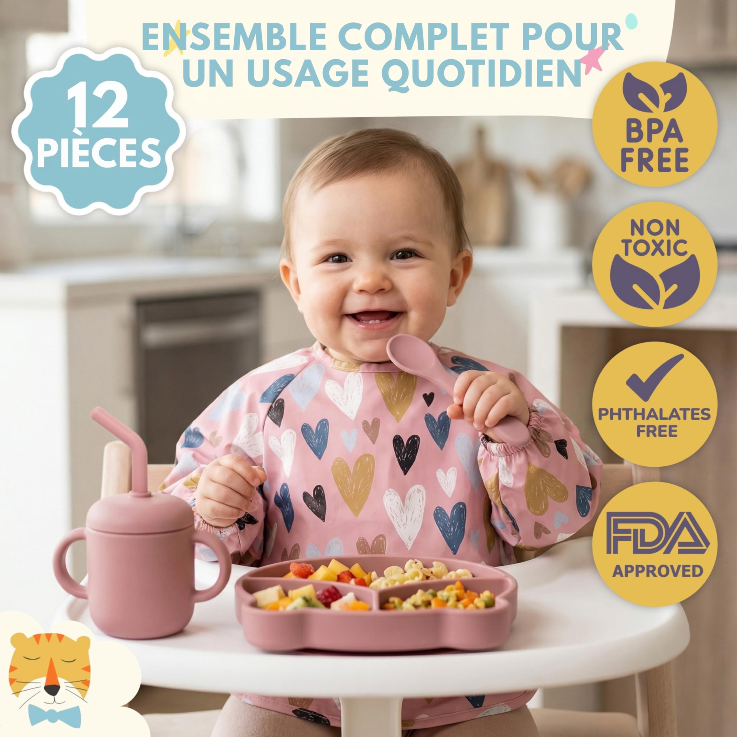 Coffret Repas Bébé en Silicone 12 Pièces | Assiette à Ventouse + Bol + Tasse 3en1 + Couverts + Bavoirs Imperméables + Tétine Grignoteuse | Sans BPA | Compatible Micro-ondes et Lave-vaisselle