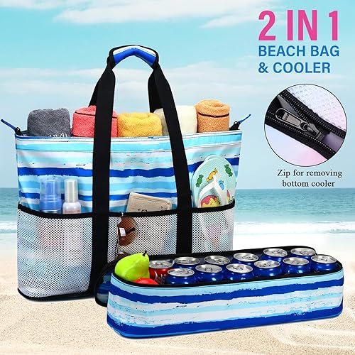 Miniatura 4 de Octsky Bolsas de playa con enfriador para mujer, impermeable, a prueba de arena, con cremallera, bolsa grande para piscina, 9 bolsillos
