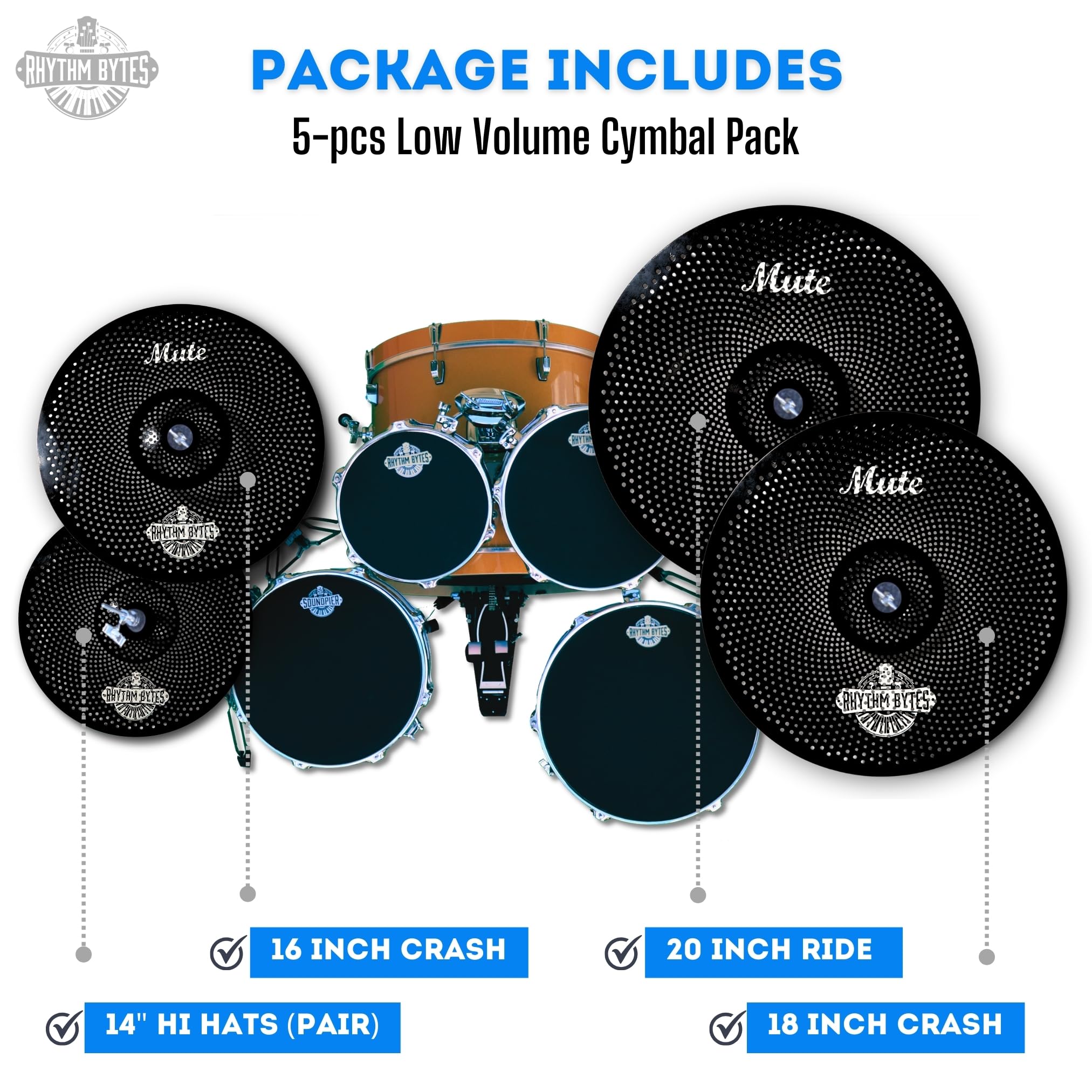 Rhythm Bytes Becken mit geringer Lautstärke, 5-teiliges leises Becken-Set für Trommeln: 35,6 cm Hi-Hats, 40,6 cm und 45,7 cm Crash Becken, 50,8 cm Ride Becken. Toll zum Üben und Proben. Schwarz