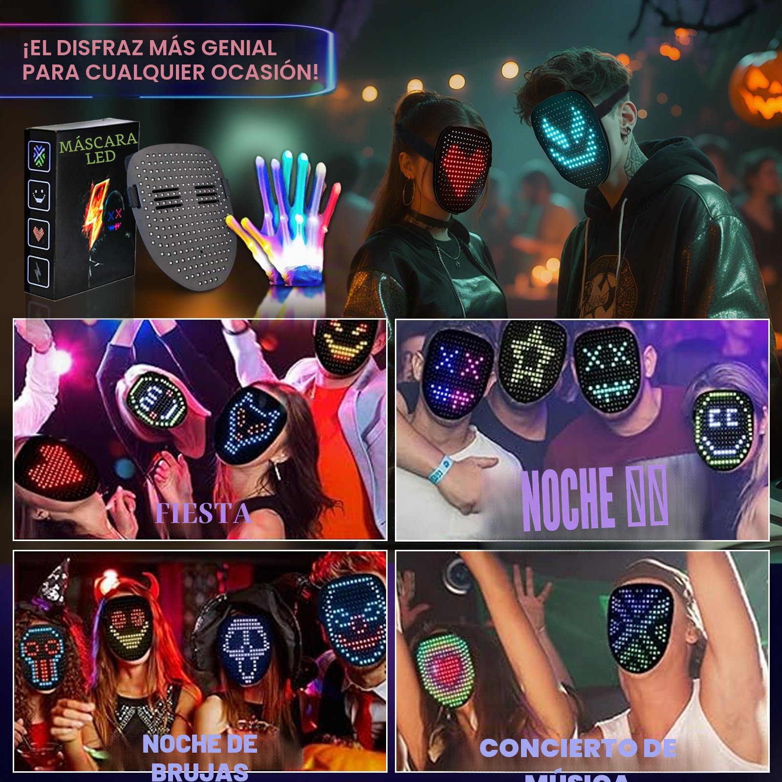 Mascara Led Guantes Set 2026 Disfraz juguetes niños 8+ años | Recargable Con Detección De Gestos Light Mask, Full Face Cos Regalo Navidad For Adulto Hombre
