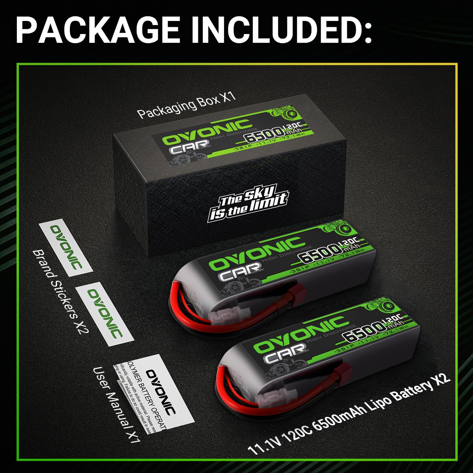 OVONIC Batería de polímero de litio de 3 S, 11,1 V, 6500 mAh, 120 C, con conector Deans T, batería de polímero de litio para coche RC, camión, quadcopter, helicóptero, camión, barco, avión (2