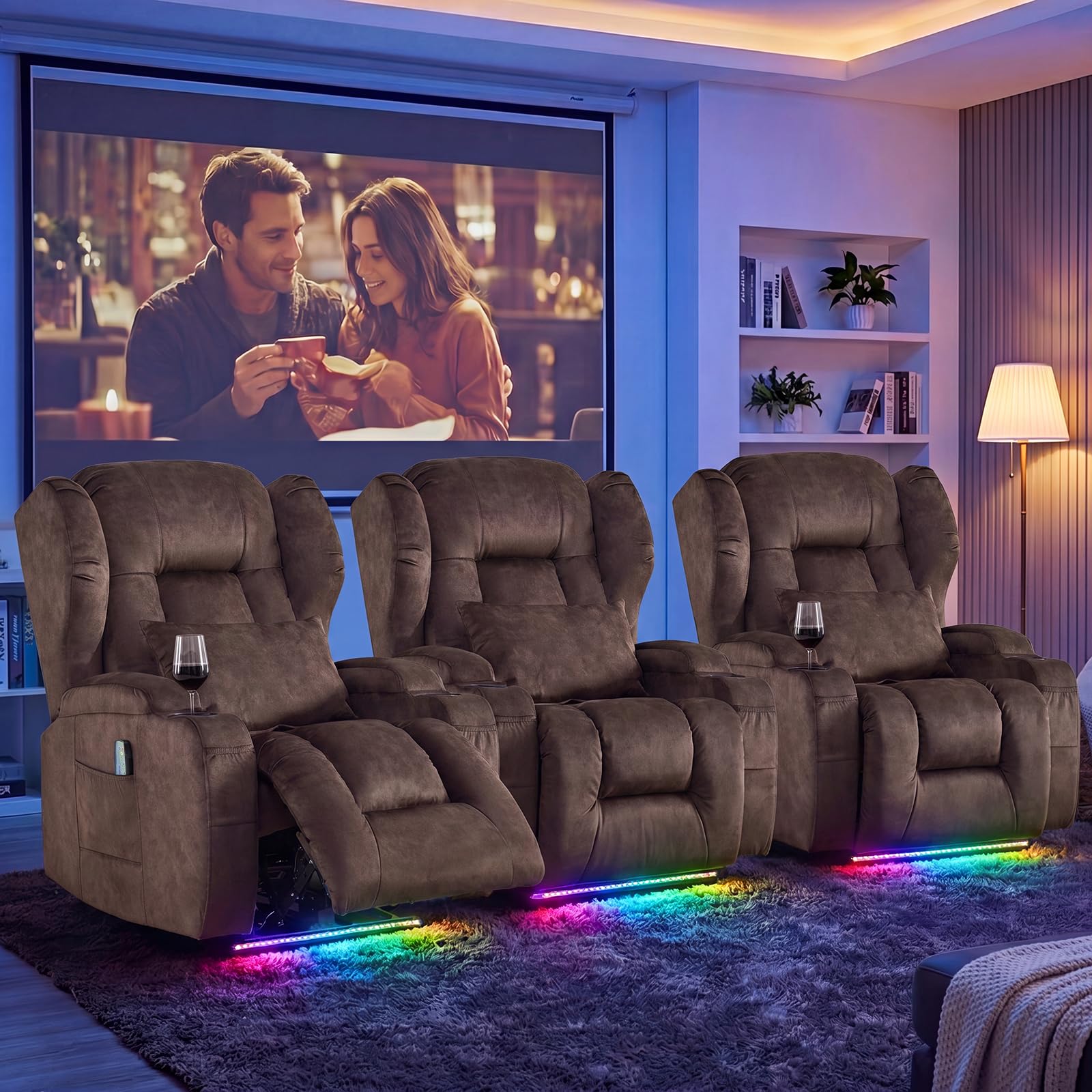Oprisen Wall Hugger Power Recliner Chair Set of 3, Overstuffed Home Theater Seating w/Heat Massage Electric Movie Gaming Sofa Reclining Sleeper Chair with LED Light/Lumbar Pillow/Cup Holders