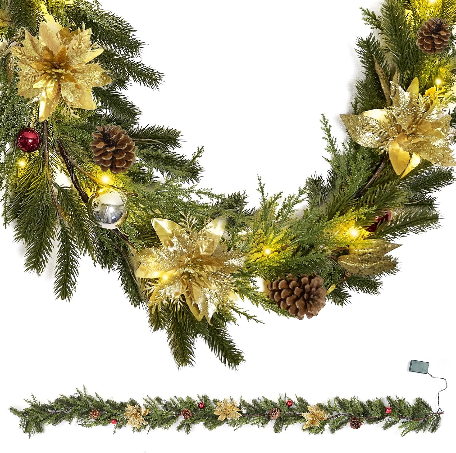 Pre-Lit Christmas Garland Decoration - 9FT Battery Christmas Garland with Lights, including Pine Cones, Gold Flower, Berry Cluster, Pine Branch, Leaves, Mixed Decors for Mantle Fireplace Stairs Window