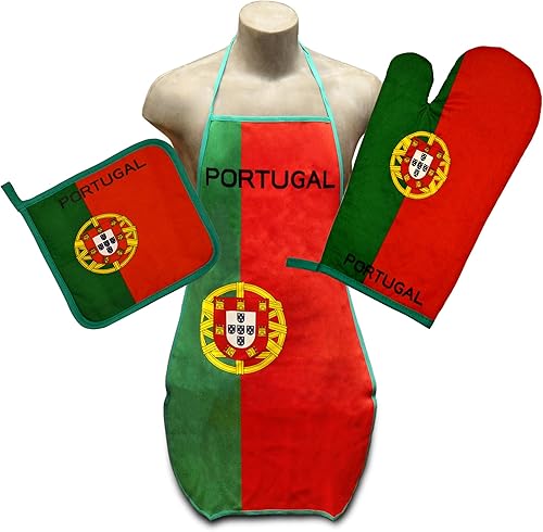 Portugal Bandera Cocina y Barbacoa Set w/Delantal, Guante de Horno y Olla Portugués, Verde, rojo, amarillo., Talla única