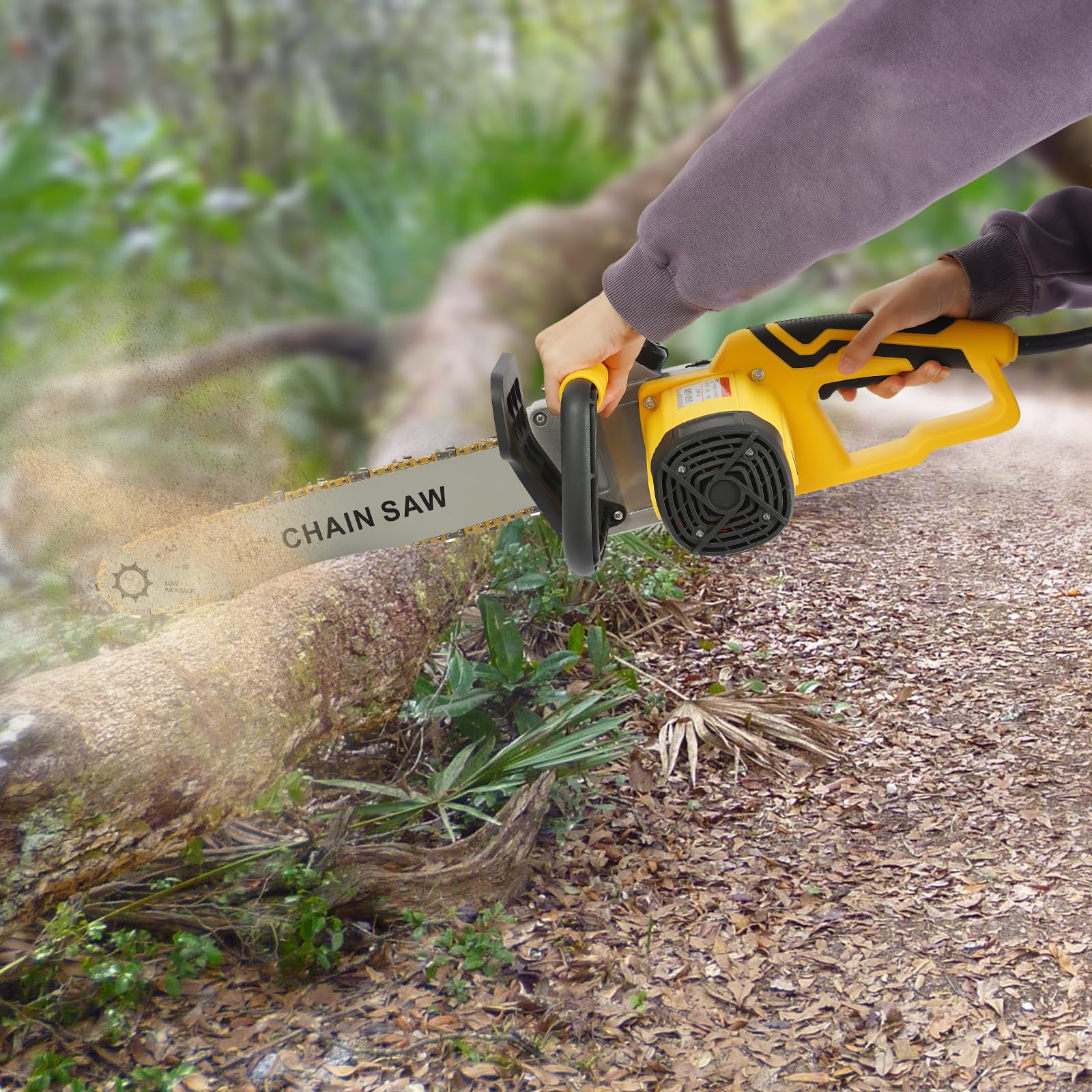 Motosierra eléctrica de 2000 W, riel guía de 40,64 cm, 800 rpm, sistema de lubricación automático y ajuste de cadena sin herramientas, 5,3 kg, amarillo, con cable