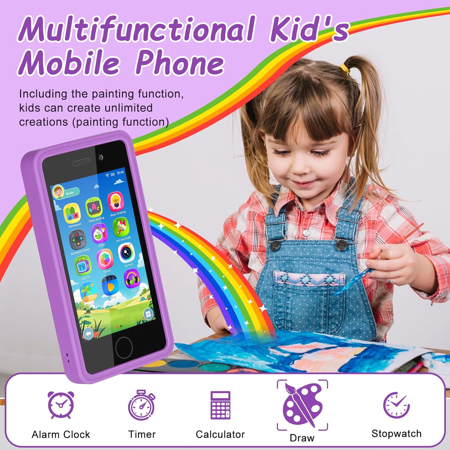 3.97" Touchscreen Kids Toys Smart Phone, Kids Phone with Games & Dual Camera, Toddler Toys Phone, Boys and Girls Learning Toy Phone for 3-9 Years Old (Purple)
