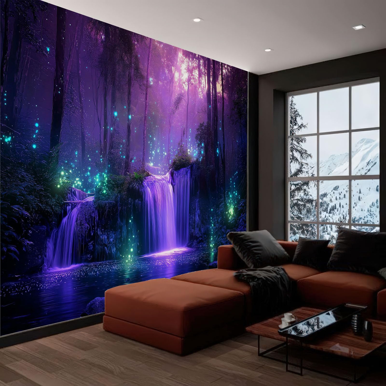Fantasievoller Leuchtender Zauberwald Fototapete 350 x 256 cm (B x H) Vliestapete XXL Panorama Wandbild für Mädchen & Jungs Schlafzimmer Wanddekoration mit 3D Effekt, Lila