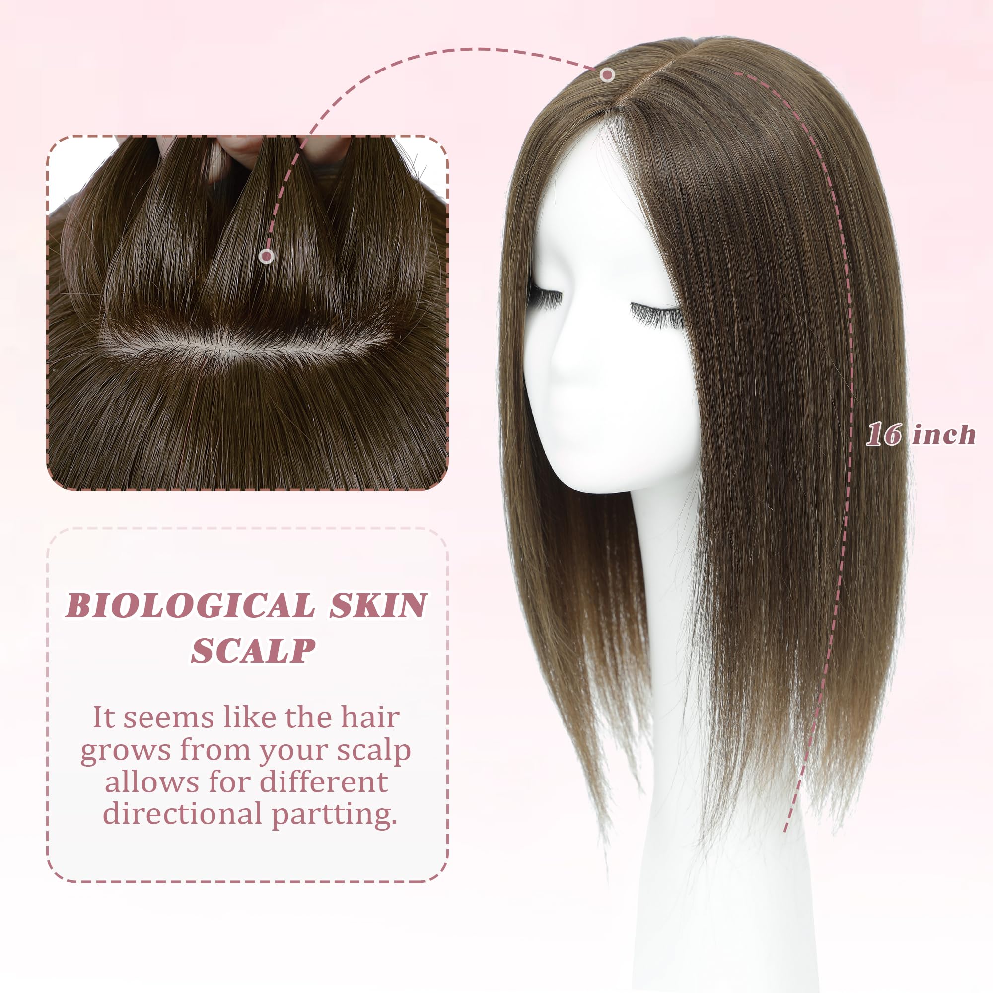 Hair Toppers for Thinning Hair Women Real Hairs 16Inch Hairs Topper 7 * 7 inch Skin Scalp Big Base Cover ,Hairs Pieces Wiglets Cover Large/scalp reality - Image 3